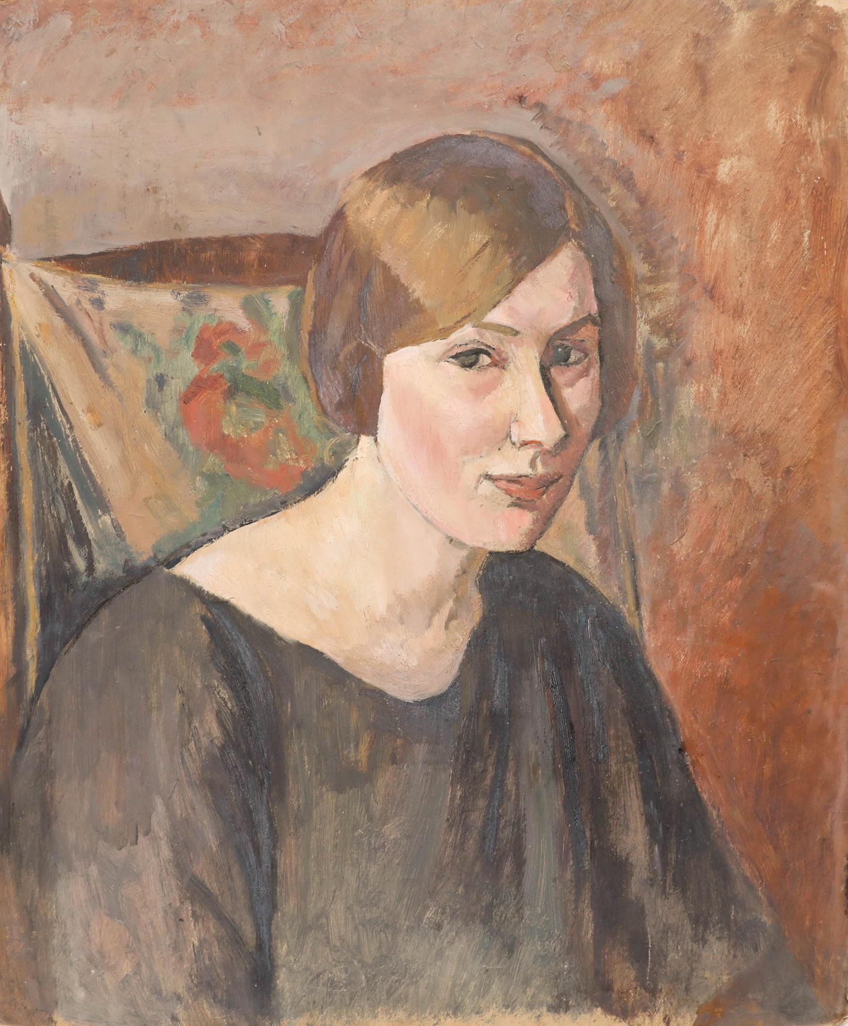 Cecil Hertz-Eyrolles (1875-1974) - Olio della metà del XX secolo, Un sorriso timido - Painting di Cécile HERTZ-EYROLLES (1875-1974)