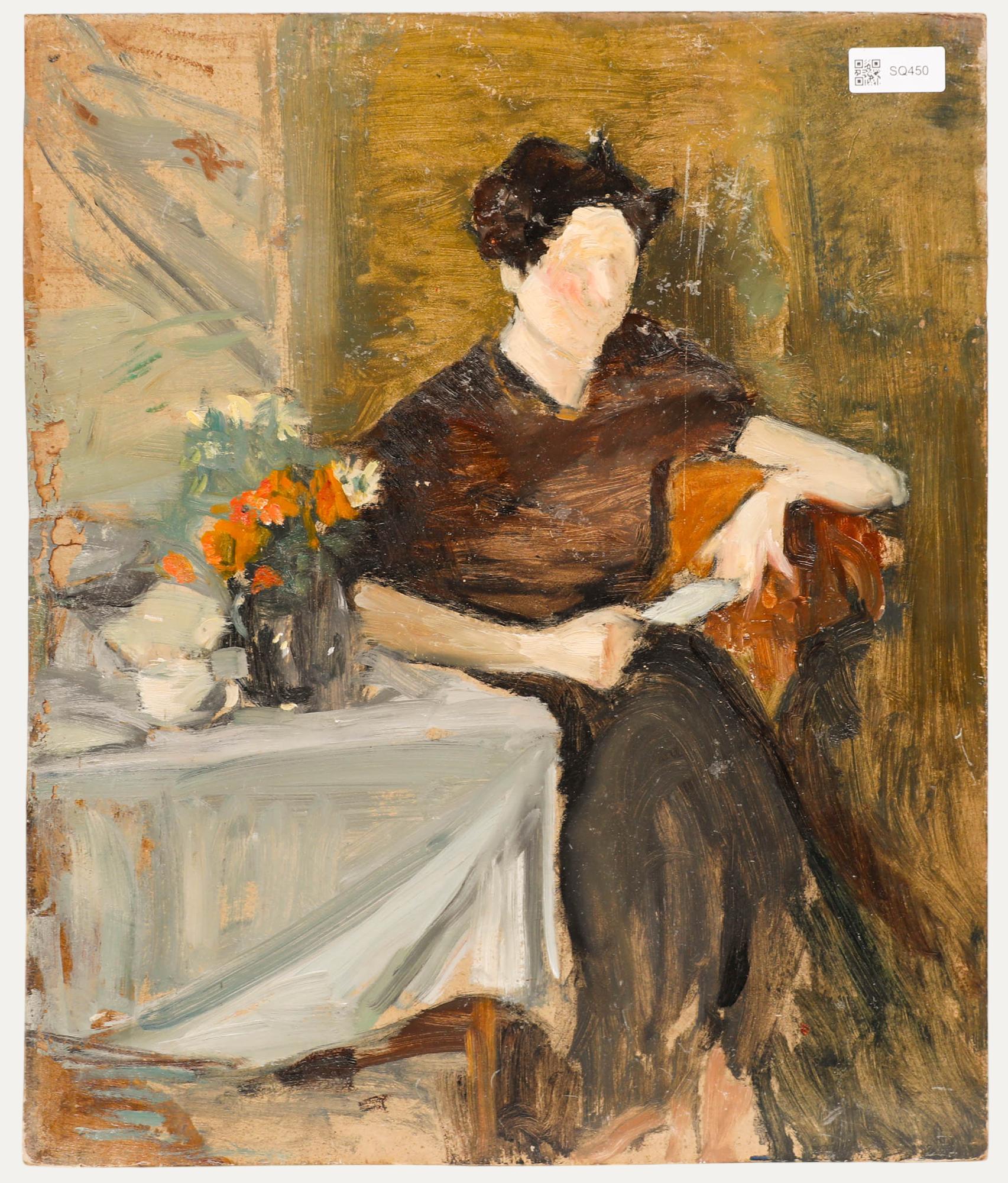 Cecil Hertz-Eyrolles (1875-1974) - Olio della metà del XX secolo, Un sorriso timido - Portrait Painting Marrone di Cécile HERTZ-EYROLLES (1875-1974)