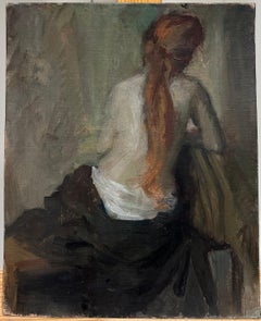 Fine 1930's French Impressionist Oil Auburn Hair Lady Semi-Nude Artists Model
