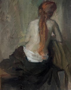 Fine 1930's French Impressionist Oil Auburn Hair Lady Semi-Nude Artists Model