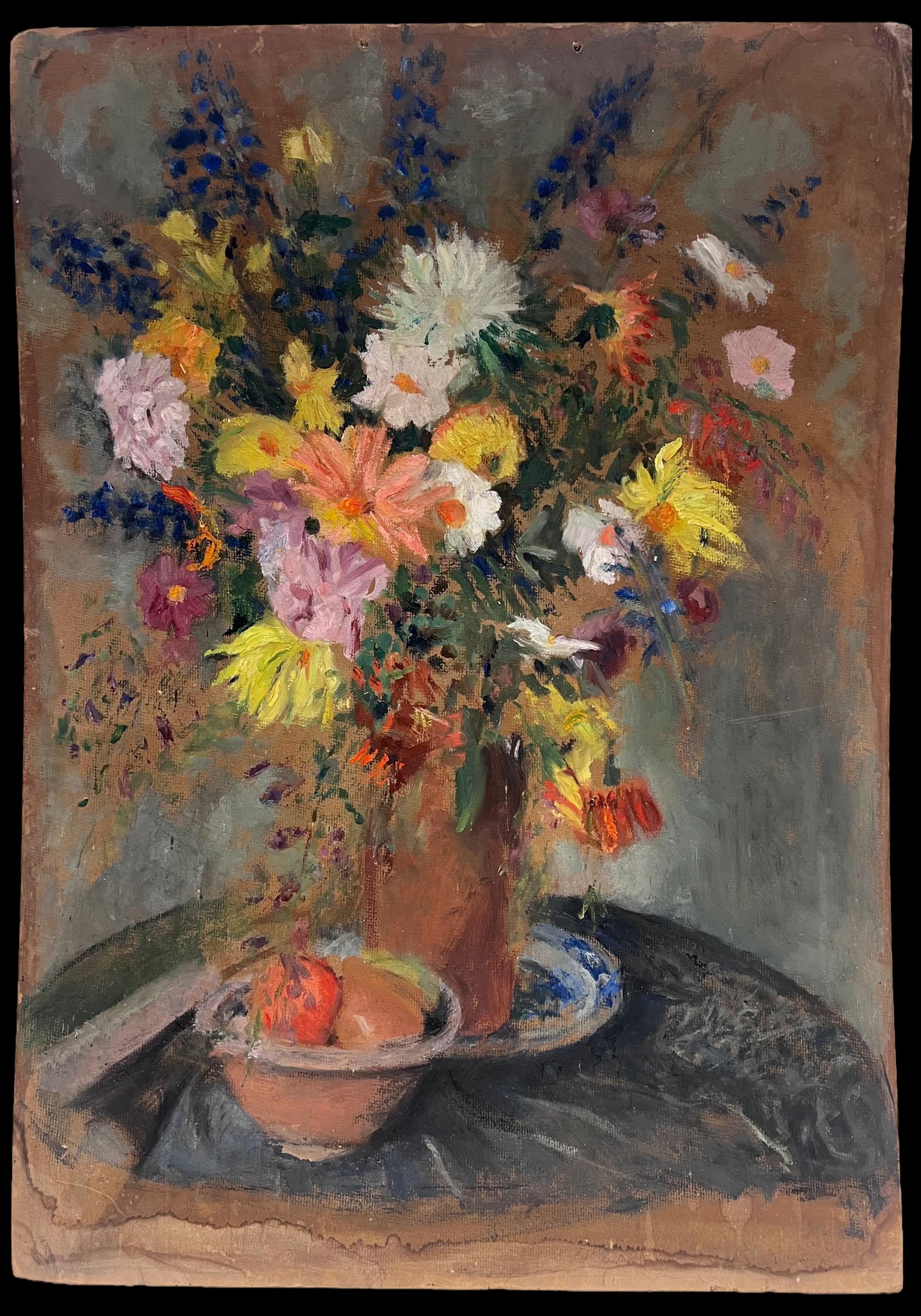Huge 1930s French Post-Impressionist Oil Profusion of Flowers & Fruit Still Life - Painting by Cécile HERTZ-EYROLLES (1875-1974)
