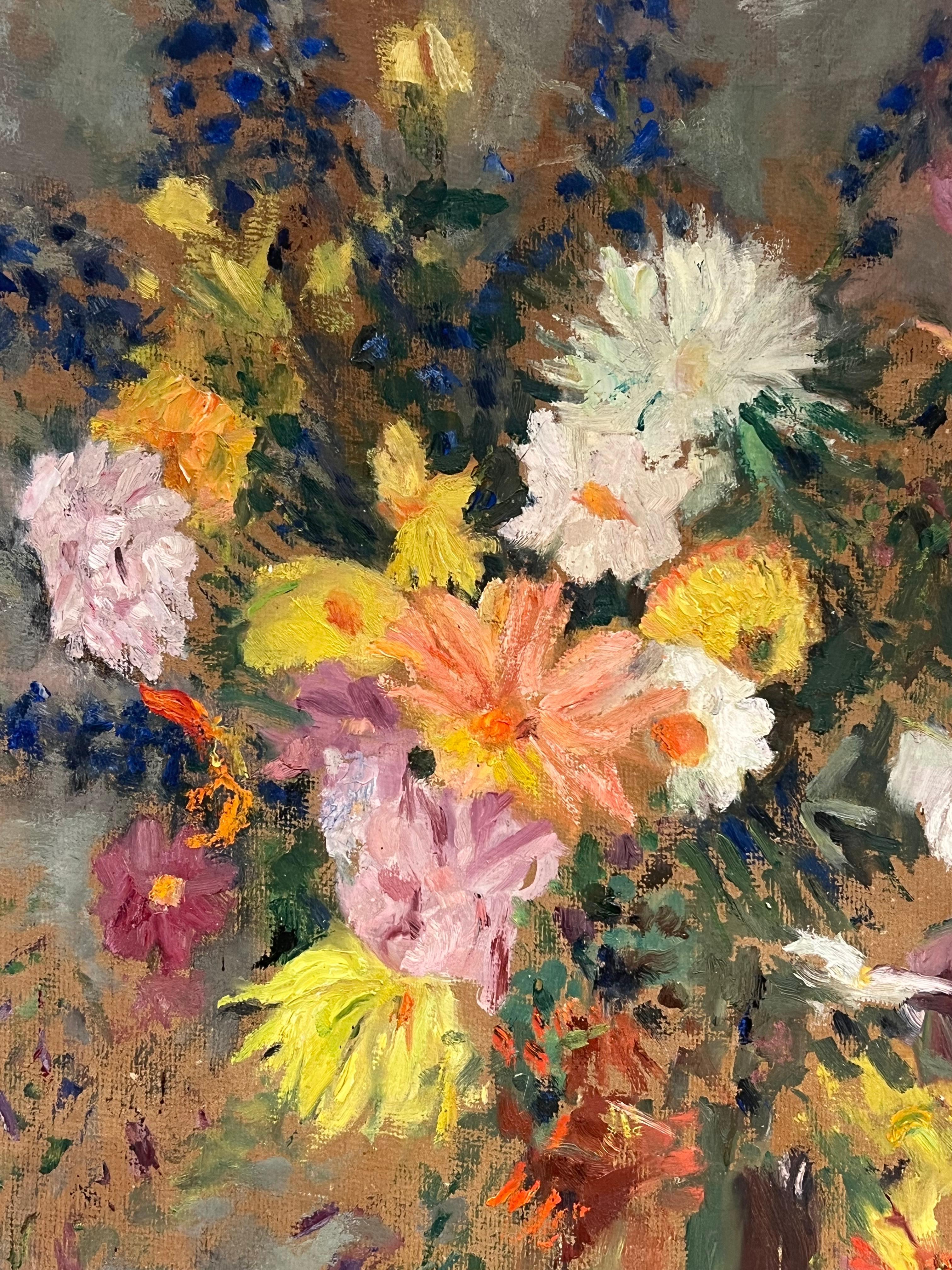 Huge 1930s French Post-Impressionist Oil Profusion of Flowers & Fruit Still Life - Brown Interior Painting by Cécile HERTZ-EYROLLES (1875-1974)