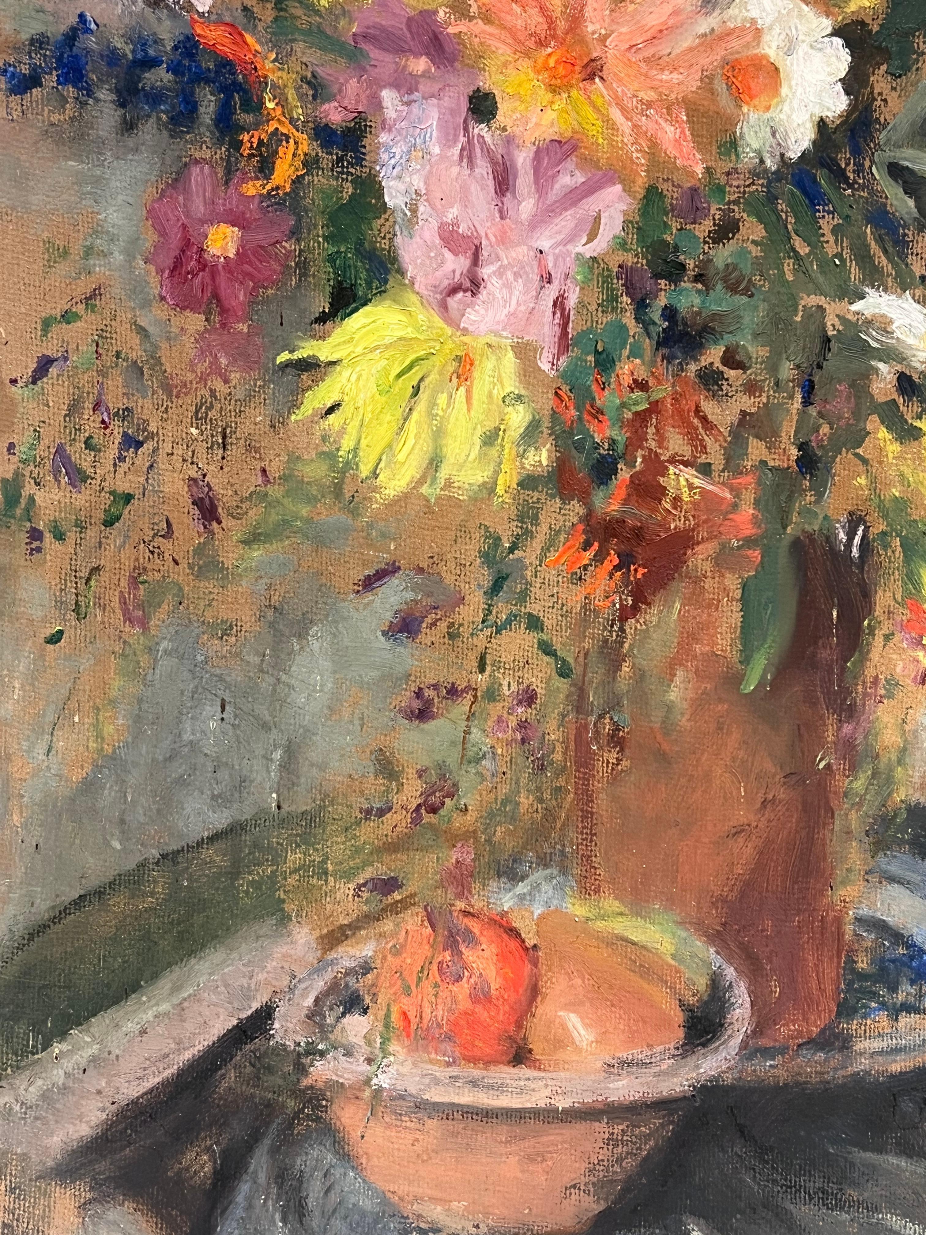 Huge 1930s French Post-Impressionist Oil Profusion of Flowers & Fruit Still Life For Sale 4