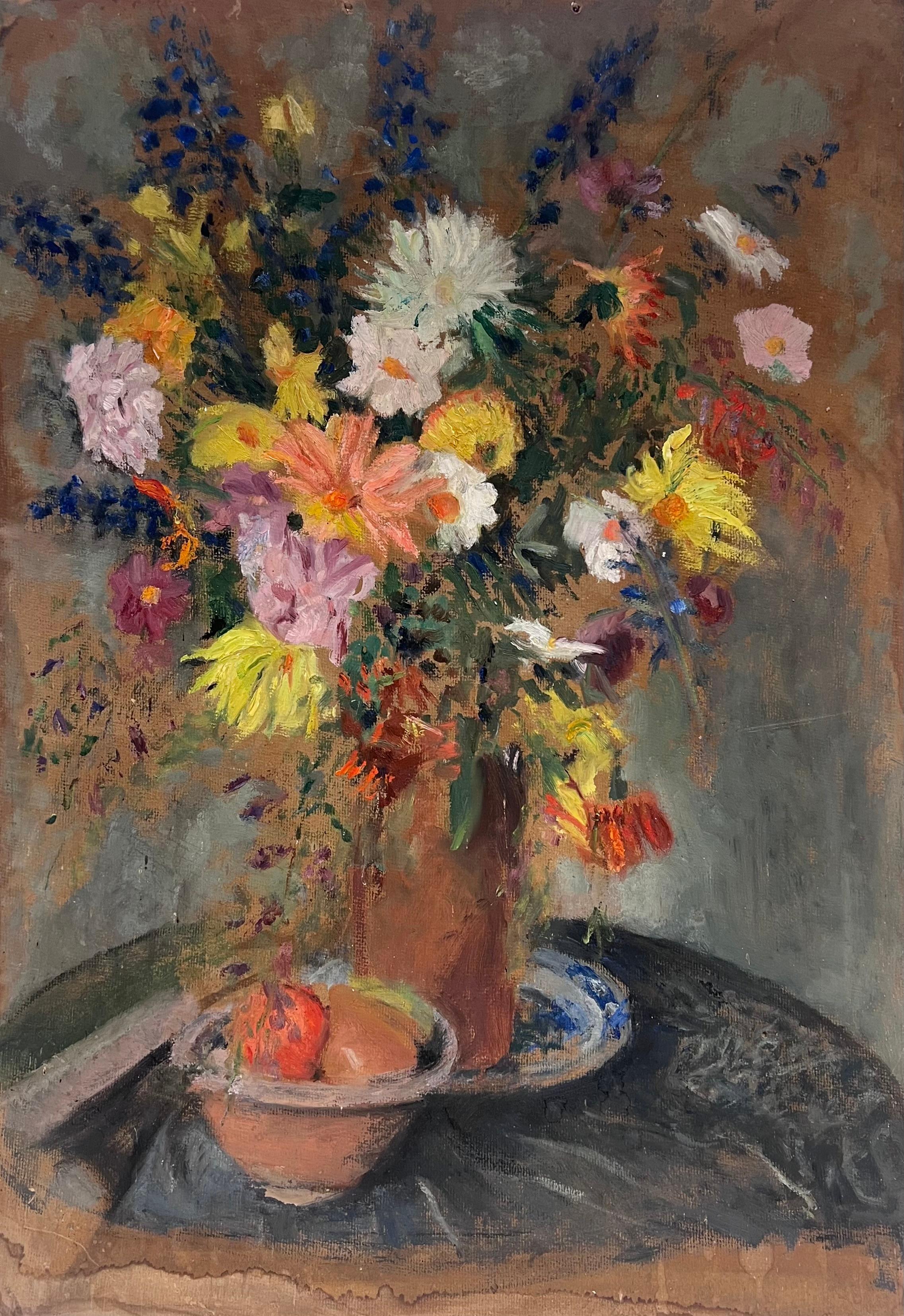 Cécile HERTZ-EYROLLES (1875-1974) Interior Painting - Huge 1930s French Post-Impressionist Oil Profusion of Flowers & Fruit Still Life