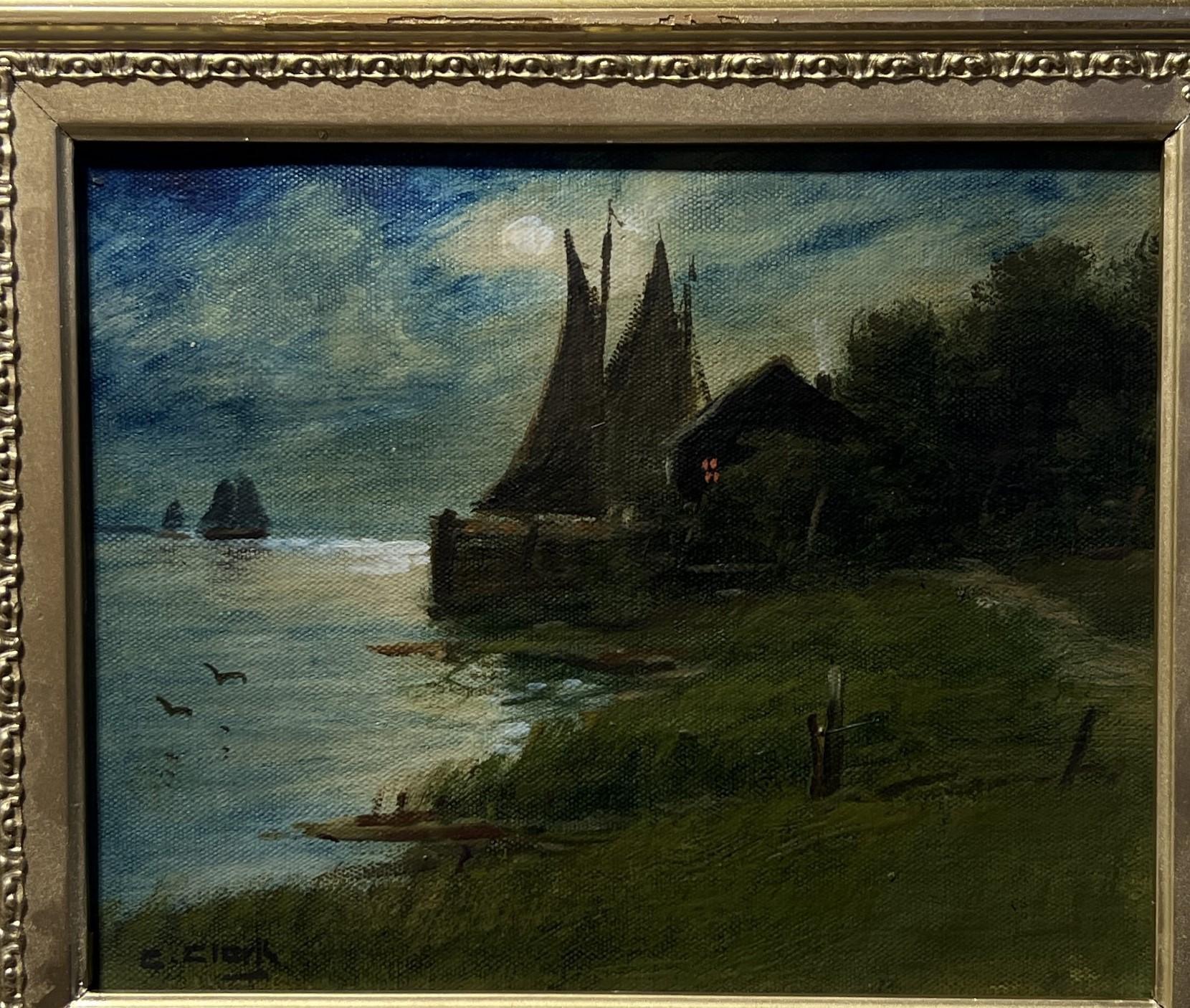 C.Clark Antique Original Oil Painting on canvas Seascape Harbor view Gold Frame 1