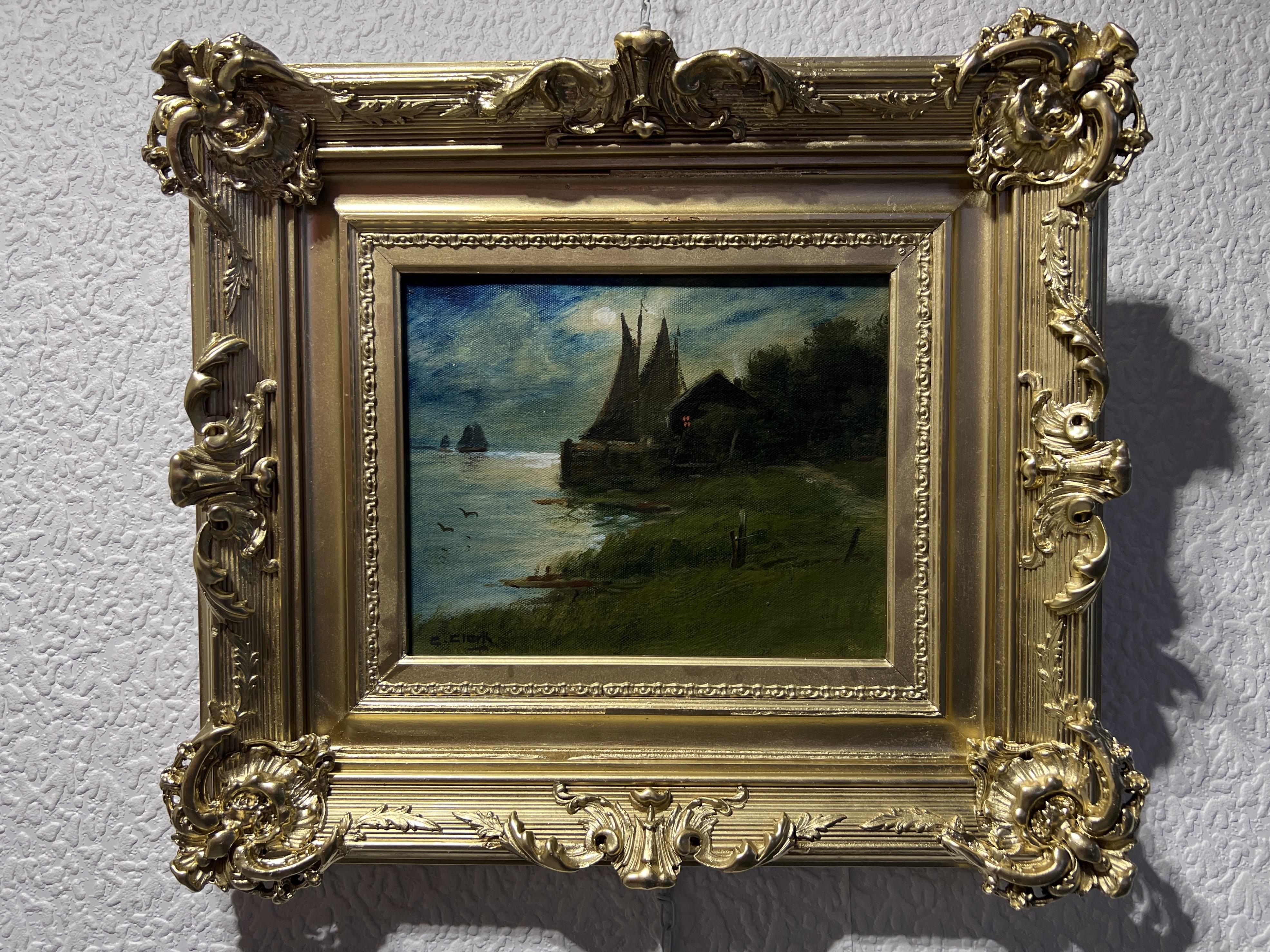 C.Clark Antique Original Oil Painting on canvas Seascape Harbor view Gold Frame 2