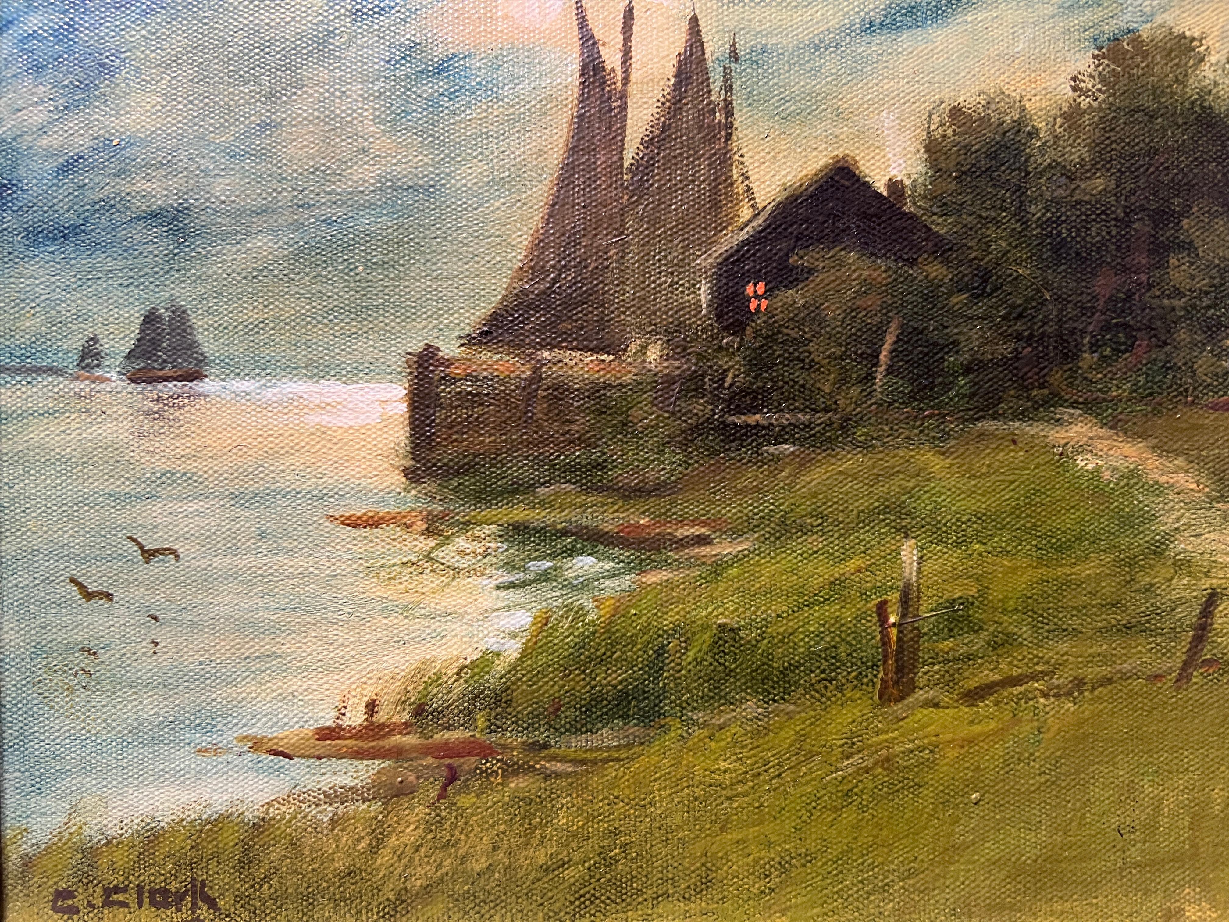 C.Clark Antique Original Oil Painting on canvas Seascape Harbor view Gold Frame 3