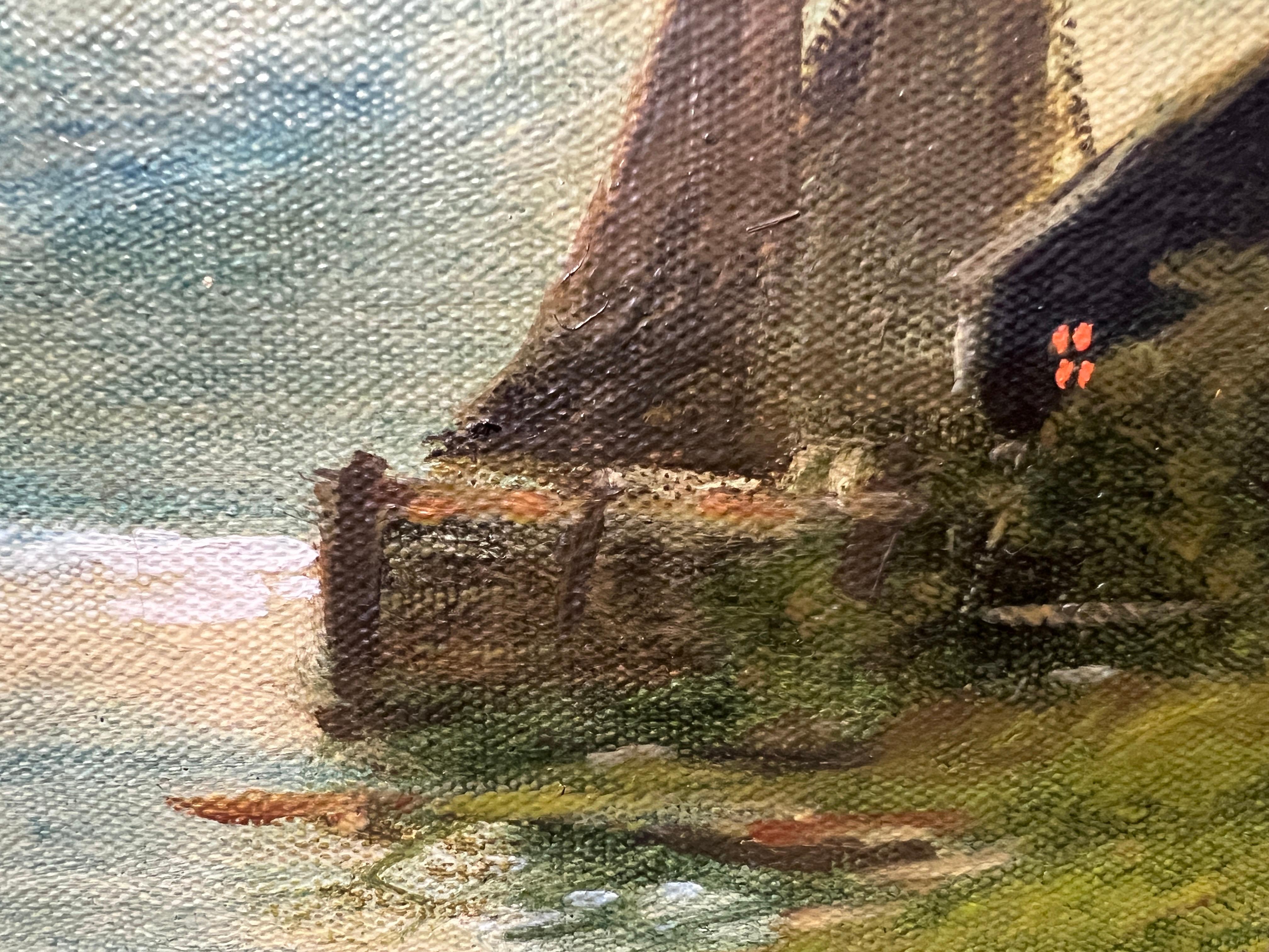 C.Clark Antique Original Oil Painting on canvas Seascape Harbor view Gold Frame 6