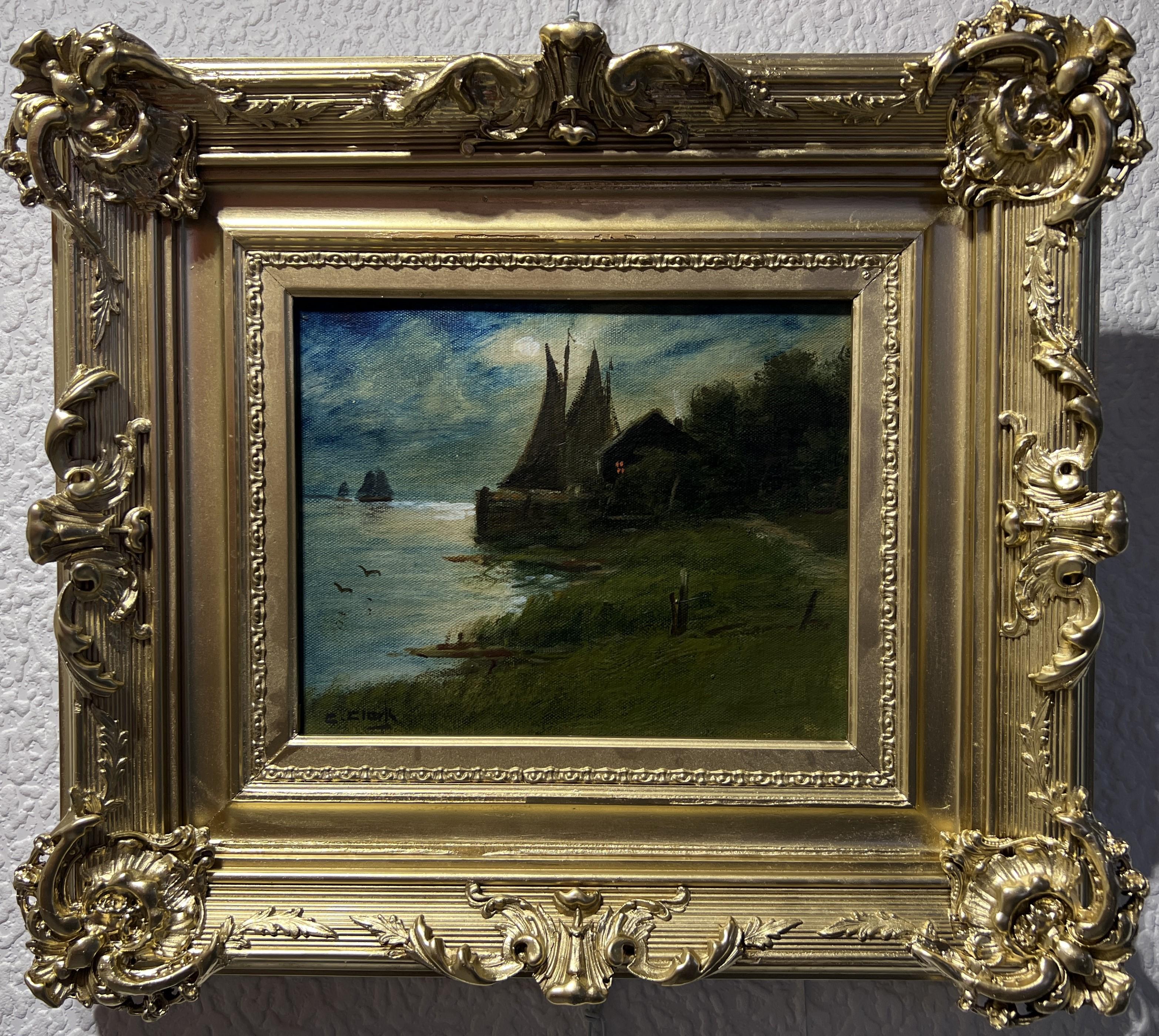 Up for sale is an original antique painting on canvas depicting a maritime landscape set during what appears to be the late hours of the afternoon or early evening, given the darkening sky. A solitary structure dominates the right side of the