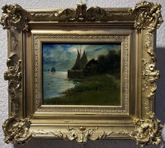 C.Clark Antique Original Oil Painting on canvas Seascape Harbor view Gold Frame