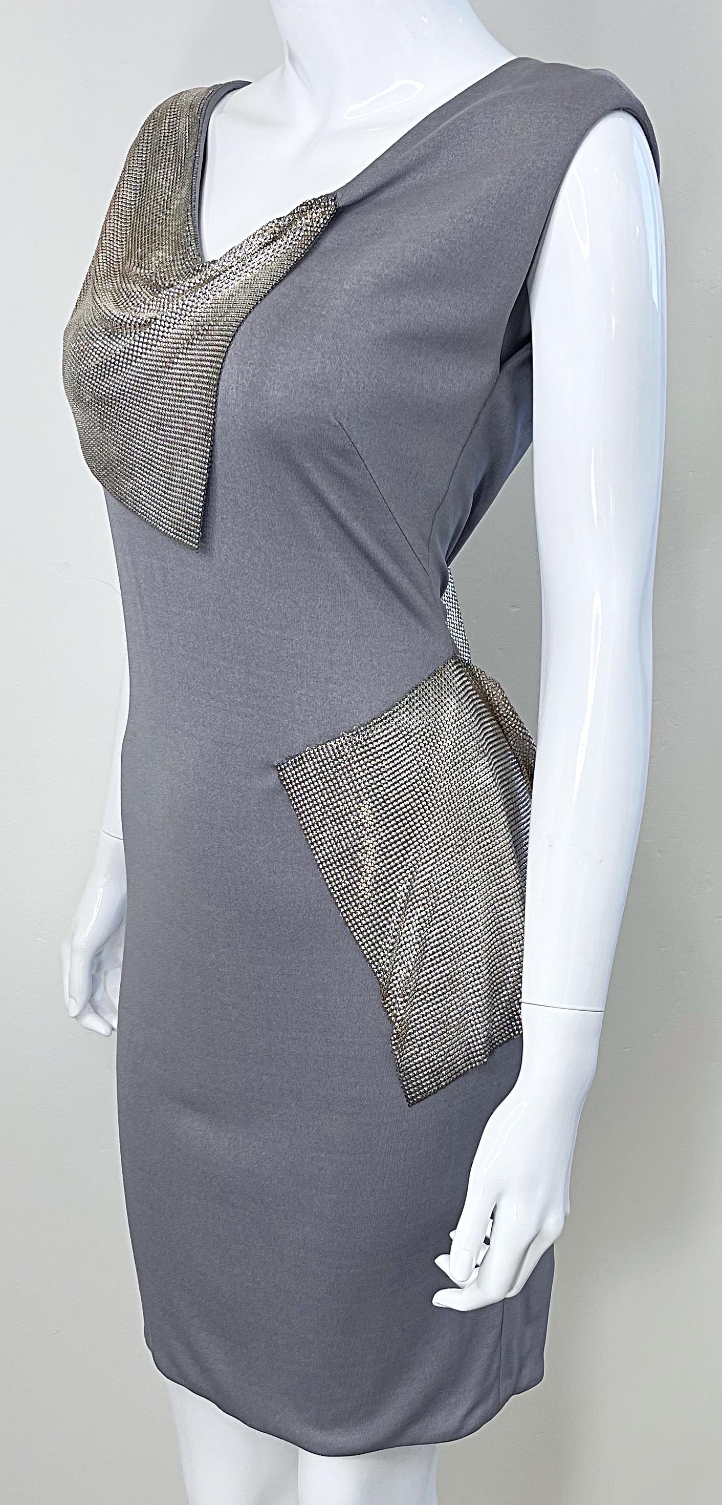CD Greene 2000s Grey Silver Chainmail Cut-Out Silk Jersey Y2K Vintage Dress For Sale 6