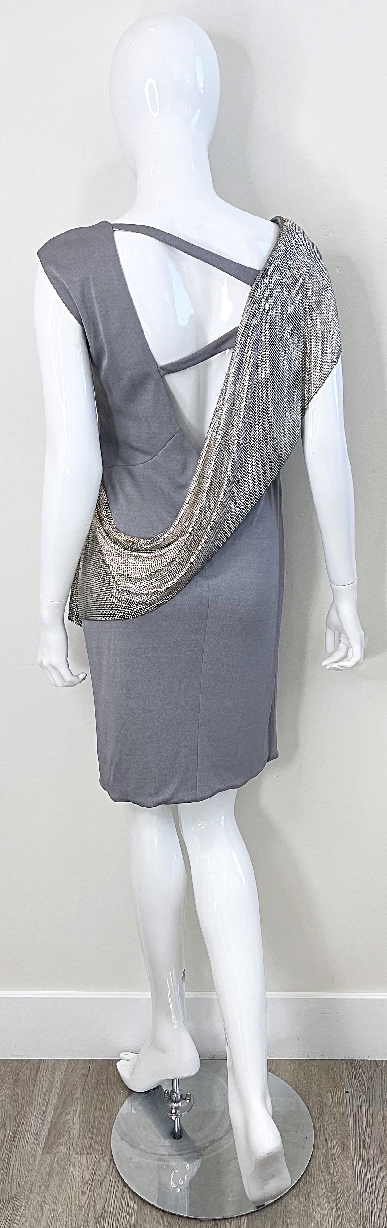 CD Greene 2000s Grey Silver Chainmail Cut-Out Silk Jersey Y2K Vintage Dress For Sale 7