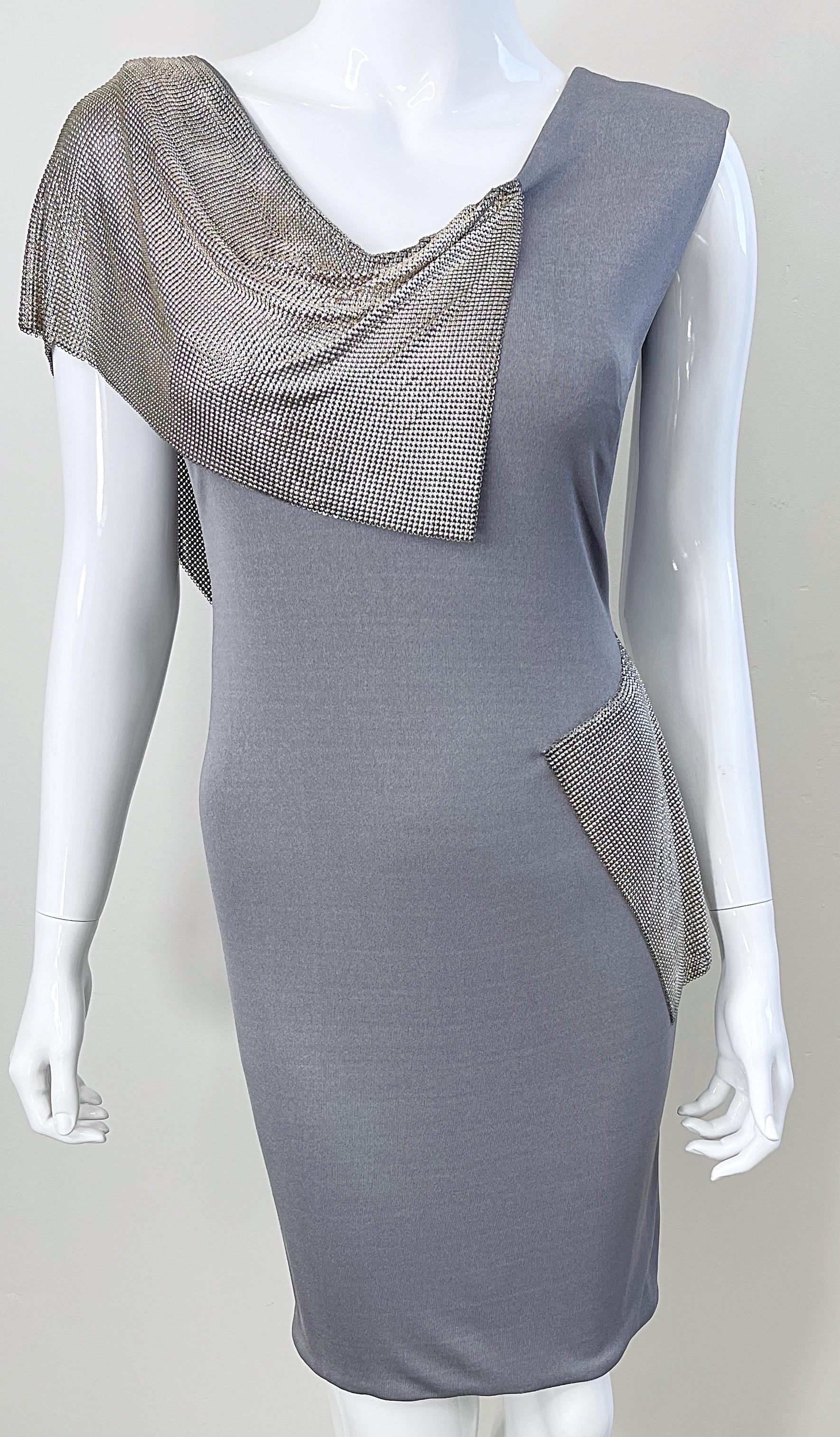 CD Greene 2000s Grey Silver Chainmail Cut-Out Silk Jersey Y2K Vintage Dress For Sale 8