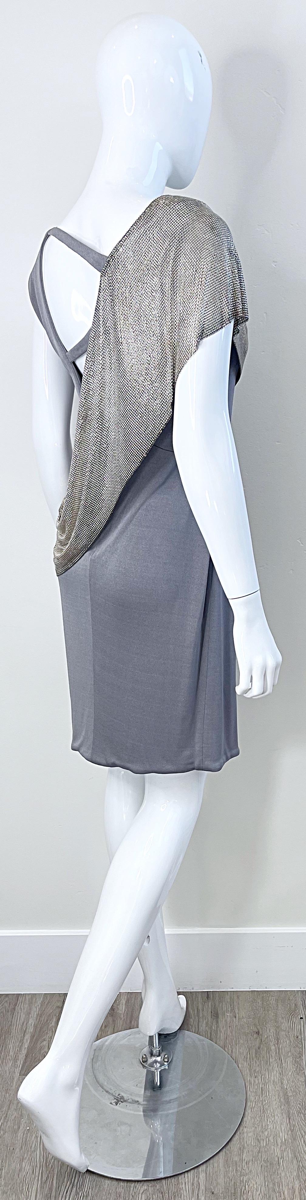 CD Greene 2000s Grey Silver Chainmail Cut-Out Silk Jersey Y2K Vintage Dress For Sale 9
