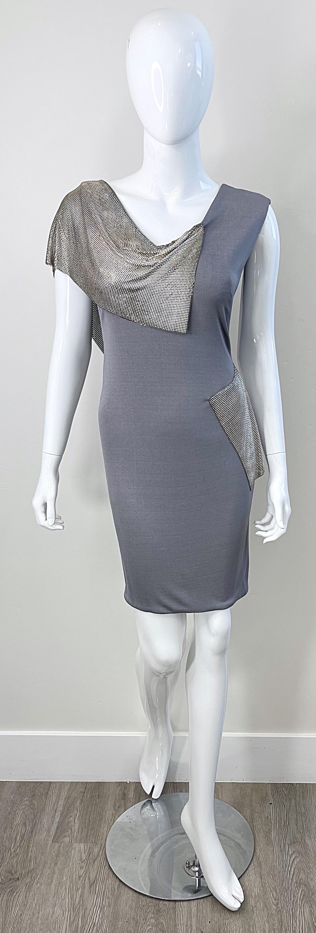 CD Greene 2000s Grey Silver Chainmail Cut-Out Silk Jersey Y2K Vintage Dress For Sale 10