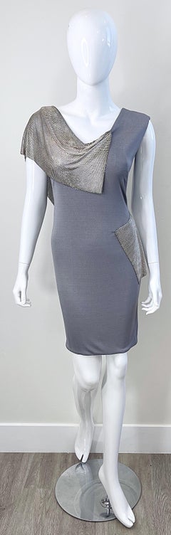CD Greene 2000s Grey Silver Chainmail Cut-Out Silk Jersey Y2K Vintage Dress
