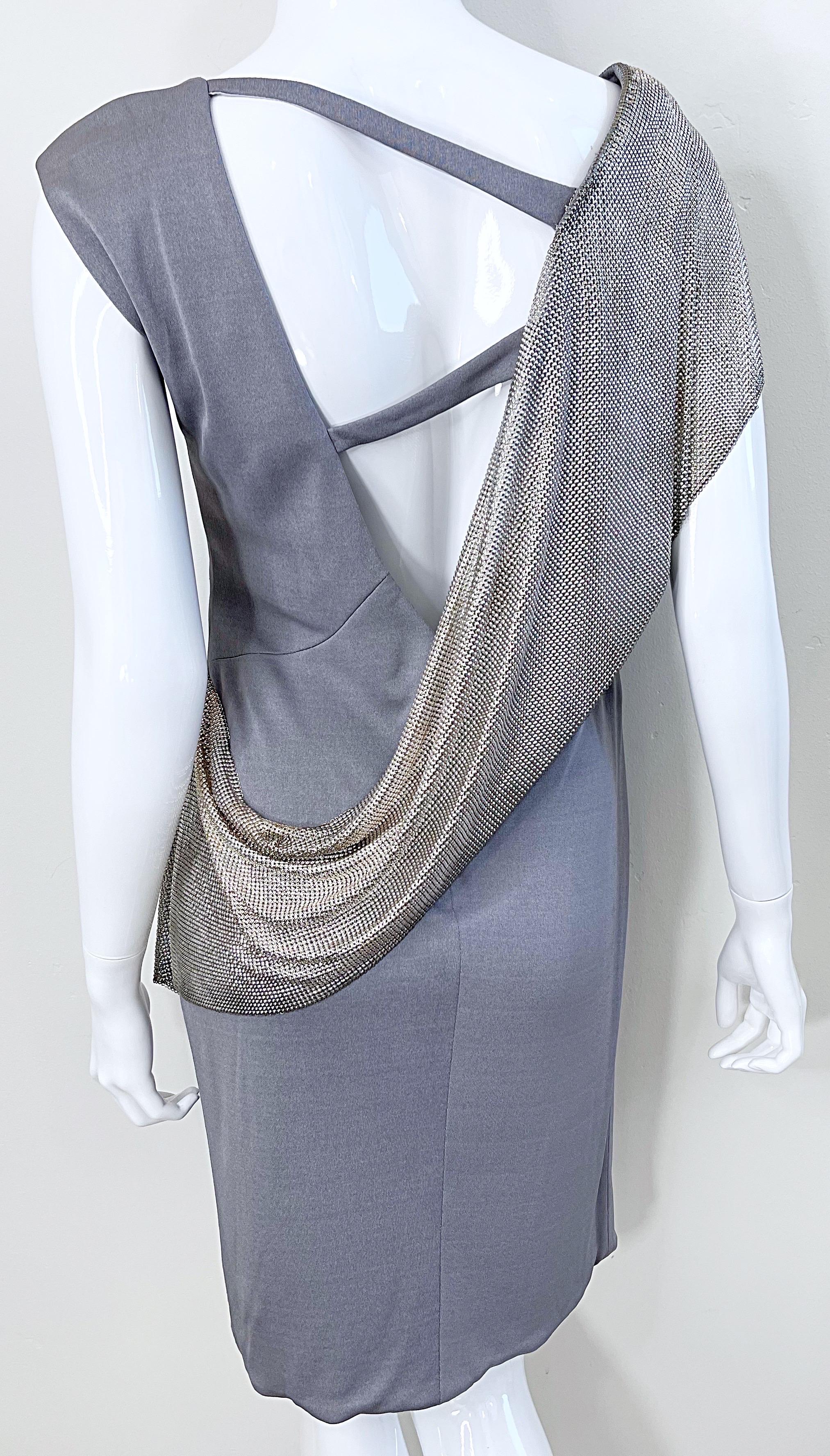 CD Greene 2000s Grey Silver Chainmail Cut-Out Silk Jersey Y2K Vintage Dress In Excellent Condition For Sale In San Diego, CA