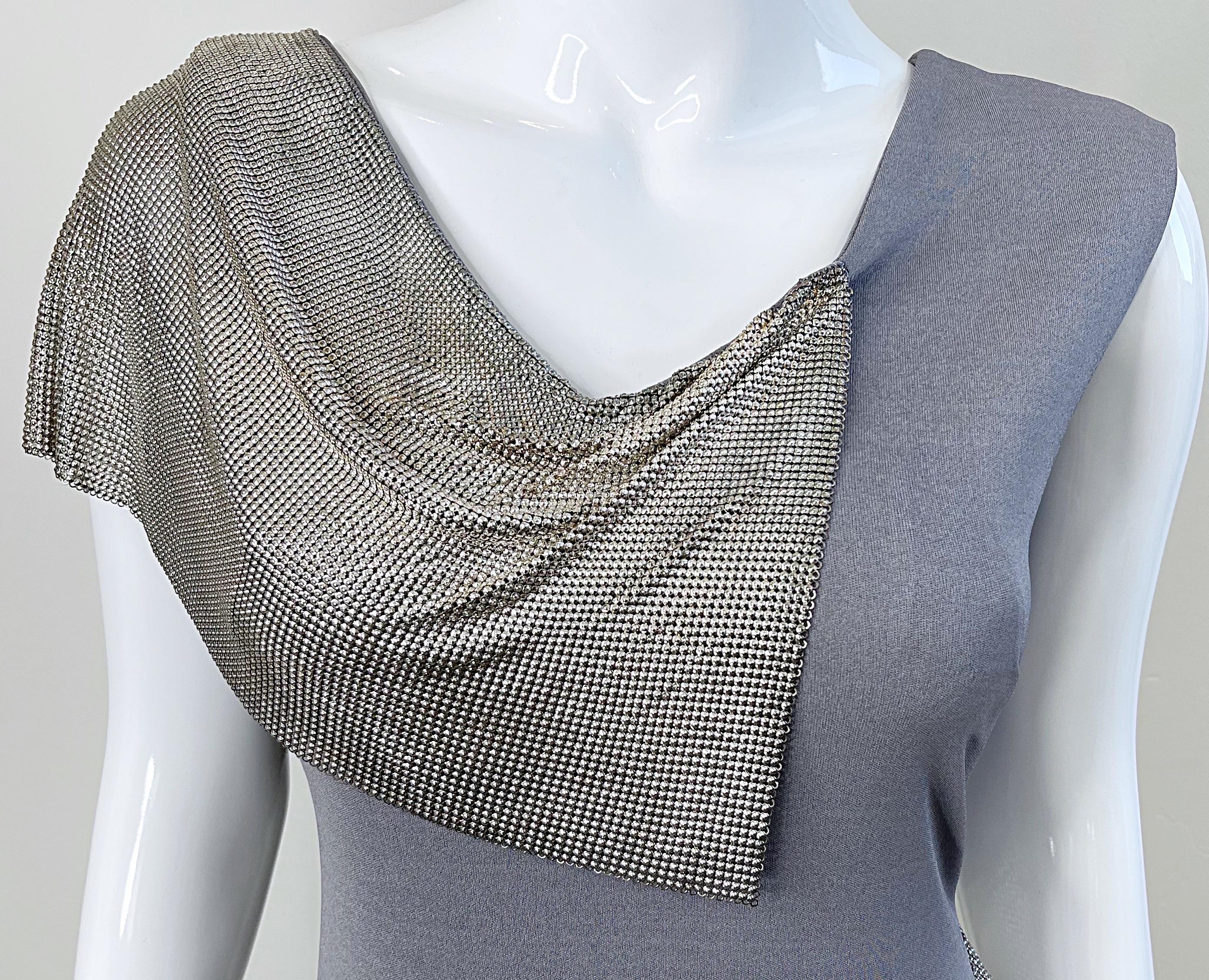Women's CD Greene 2000s Grey Silver Chainmail Cut-Out Silk Jersey Y2K Vintage Dress For Sale