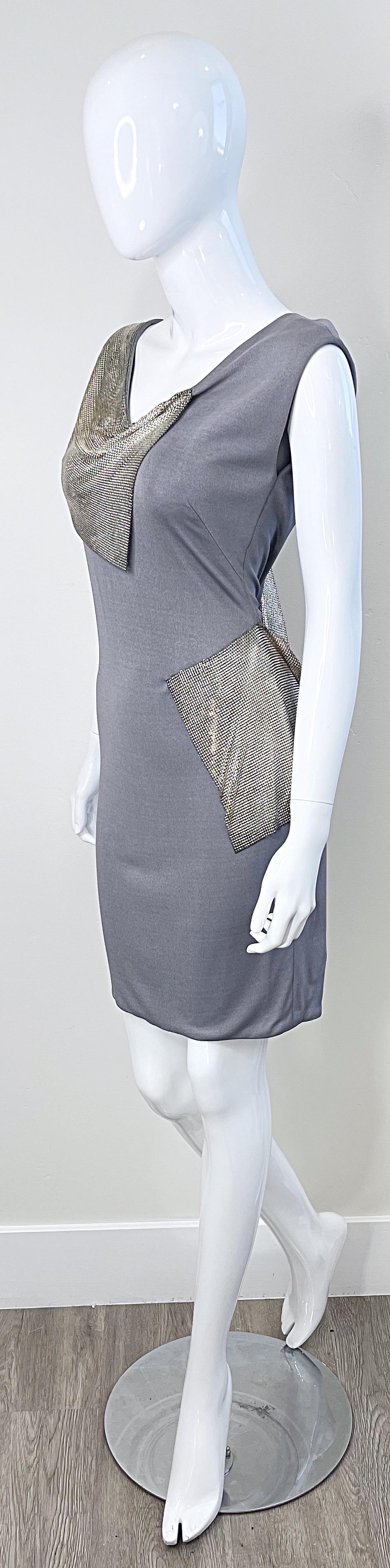 CD Greene 2000s Grey Silver Chainmail Cut-Out Silk Jersey Y2K Vintage Dress For Sale 1