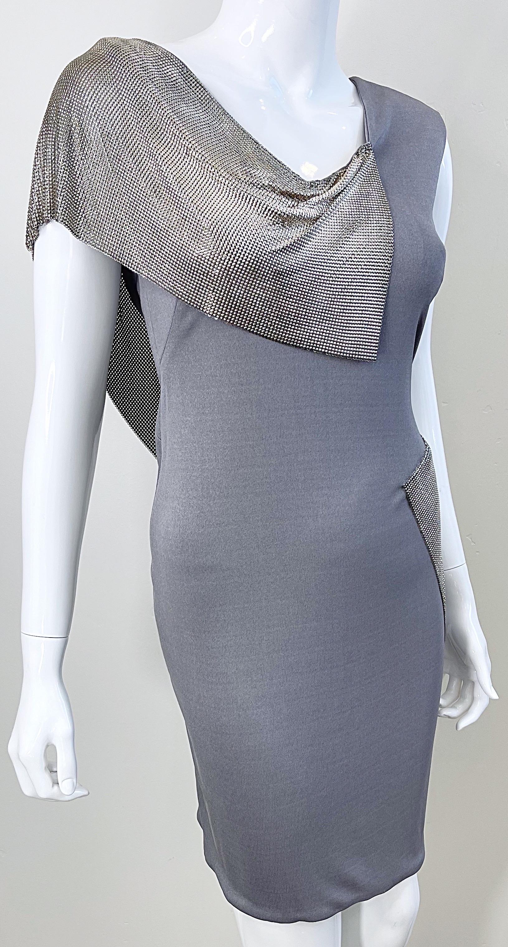 CD Greene 2000s Grey Silver Chainmail Cut-Out Silk Jersey Y2K Vintage Dress For Sale 2