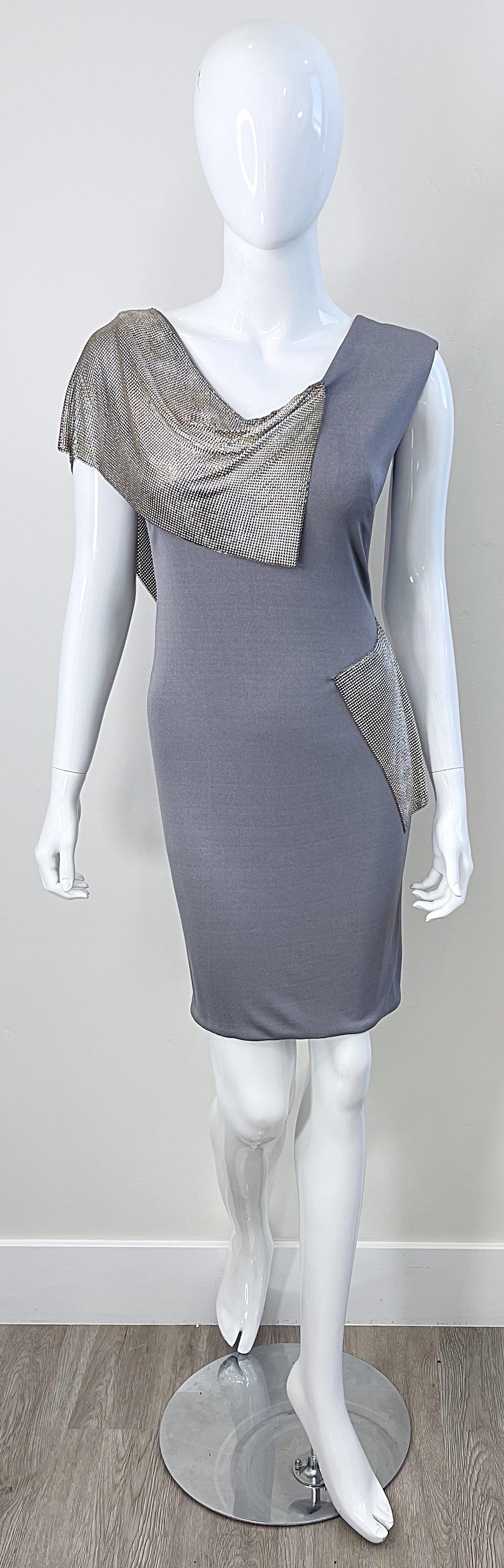 CD Greene 2000s Grey Silver Chainmail Cut-Out Silk Jersey Y2K Vintage Dress For Sale 3