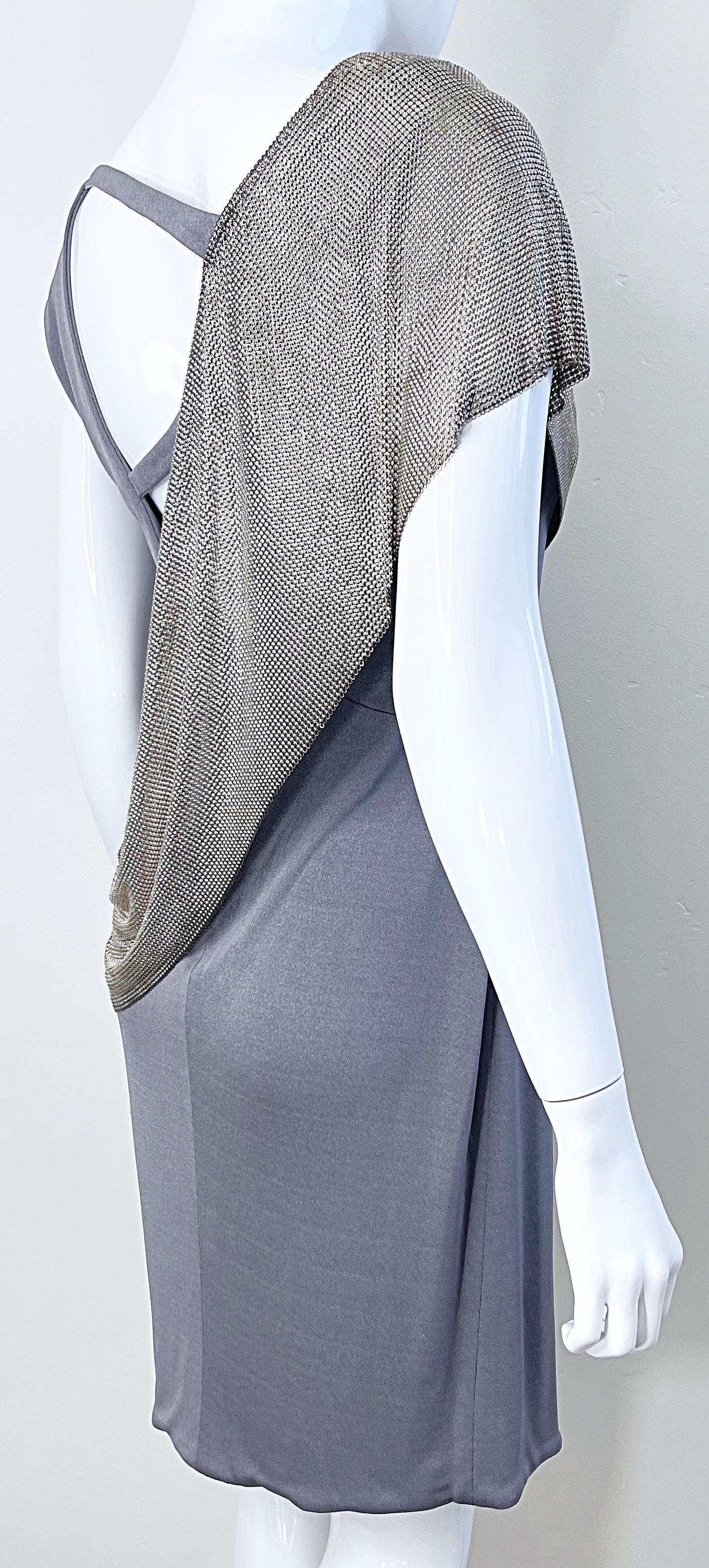 CD Greene 2000s Grey Silver Chainmail Cut-Out Silk Jersey Y2K Vintage Dress For Sale 4