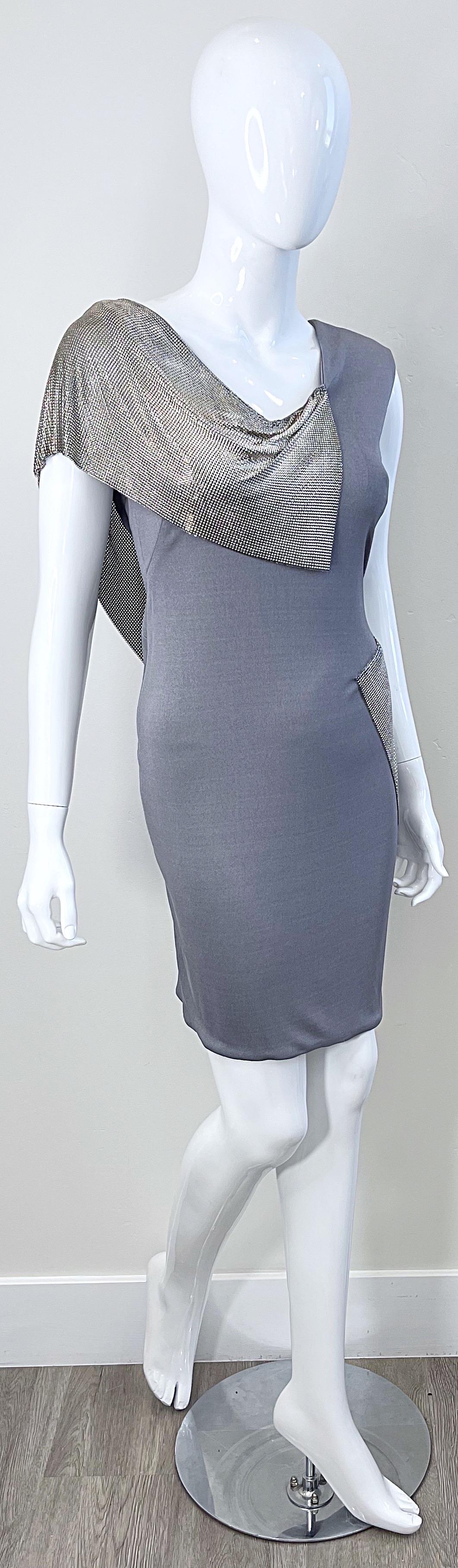 CD Greene 2000s Grey Silver Chainmail Cut-Out Silk Jersey Y2K Vintage Dress For Sale 5