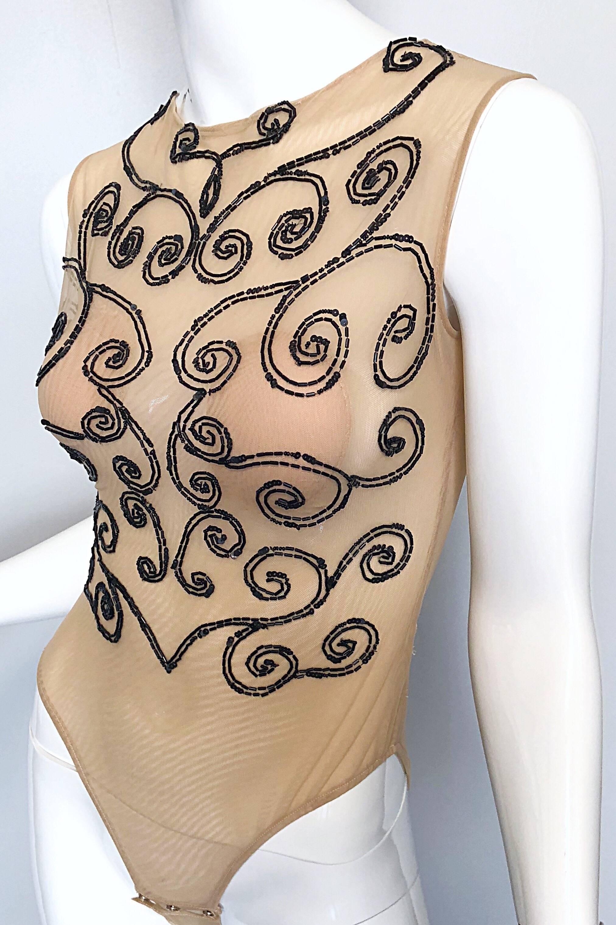 Beige CD Greene Couture 1990s Nude + Black Sexy Beaded Sheer Vintage 90s Bodysuit  For Sale
