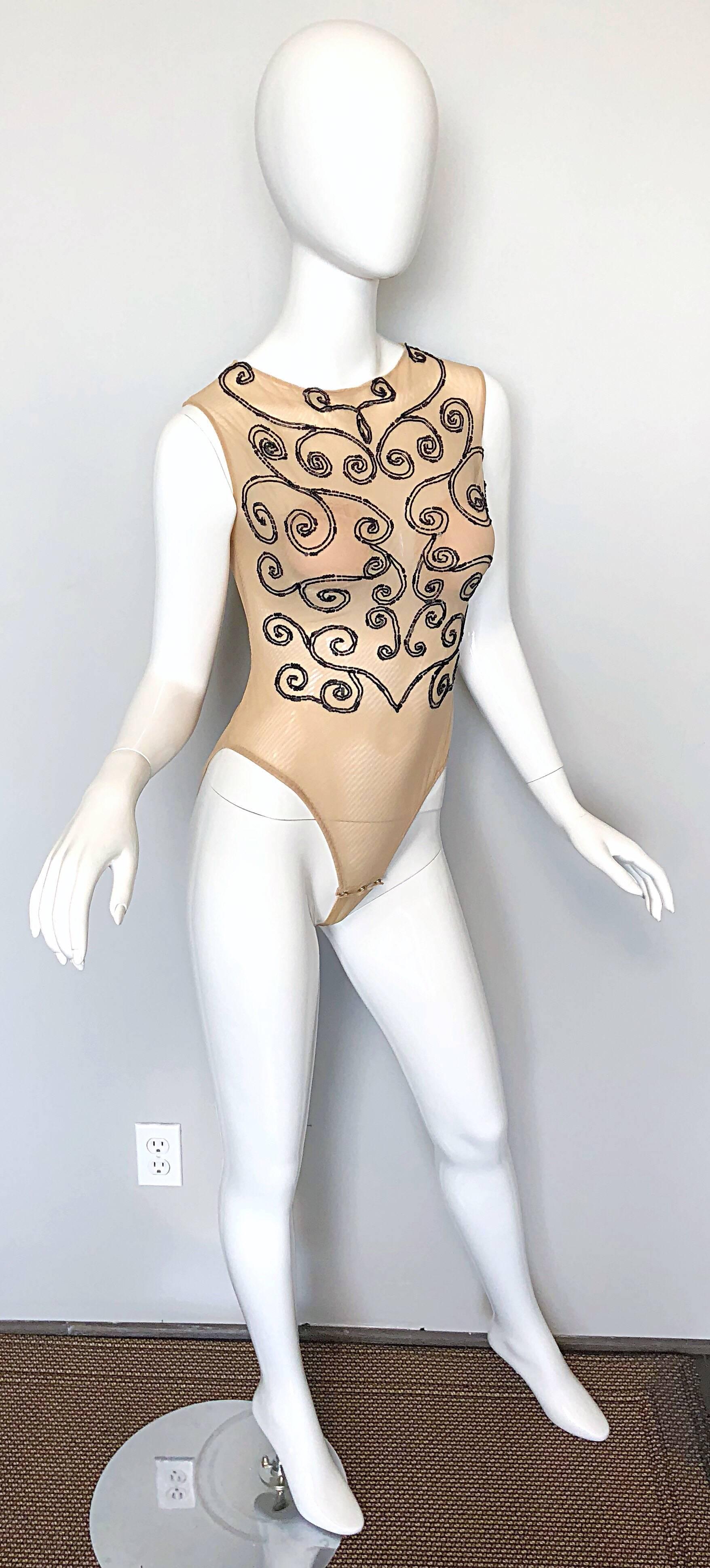 CD Greene Couture 1990s Nude + Black Sexy Beaded Sheer Vintage 90s Bodysuit  In Excellent Condition For Sale In San Diego, CA