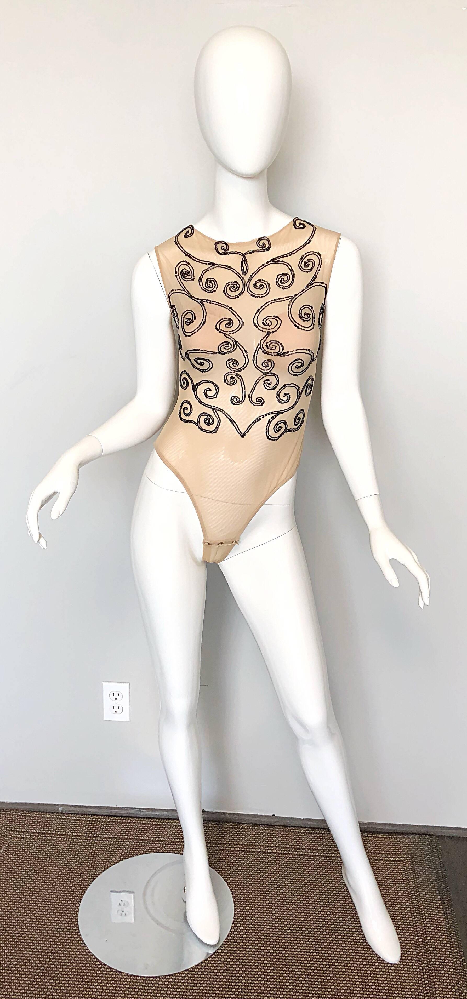 CD Greene Couture 1990s Nude + Black Sexy Beaded Sheer Vintage 90s Bodysuit  For Sale 1