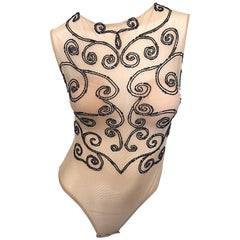 Greene & Greene Couture 1990 Nude + Black Sexy Beaded Sheer Vintage 90s Bodysuit