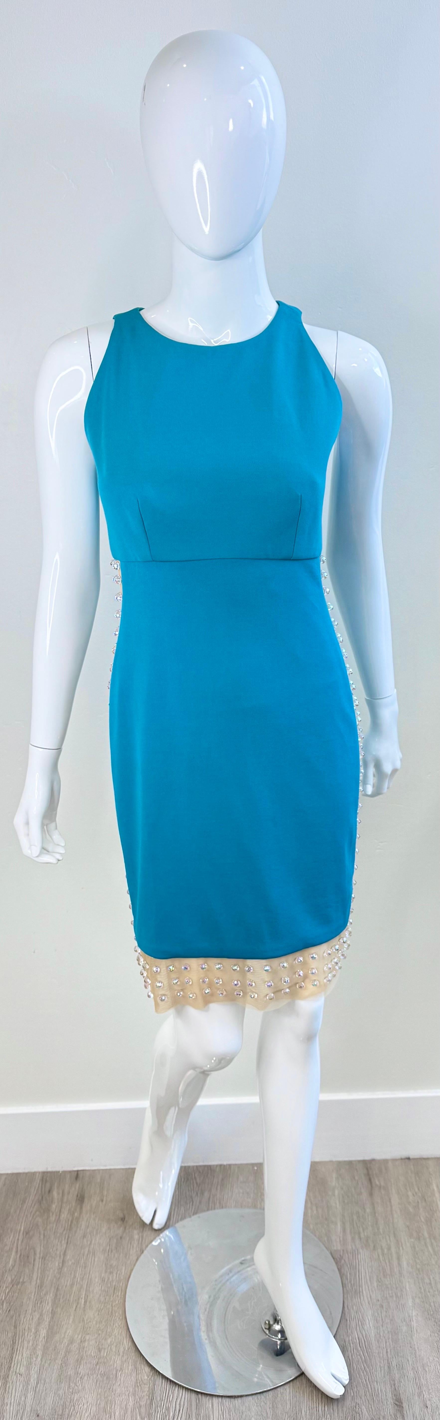 Bleu Greene & Greene Couture SS2012 Turquoise Crystal Embellished Cutout Cocktail Dress 6 en vente