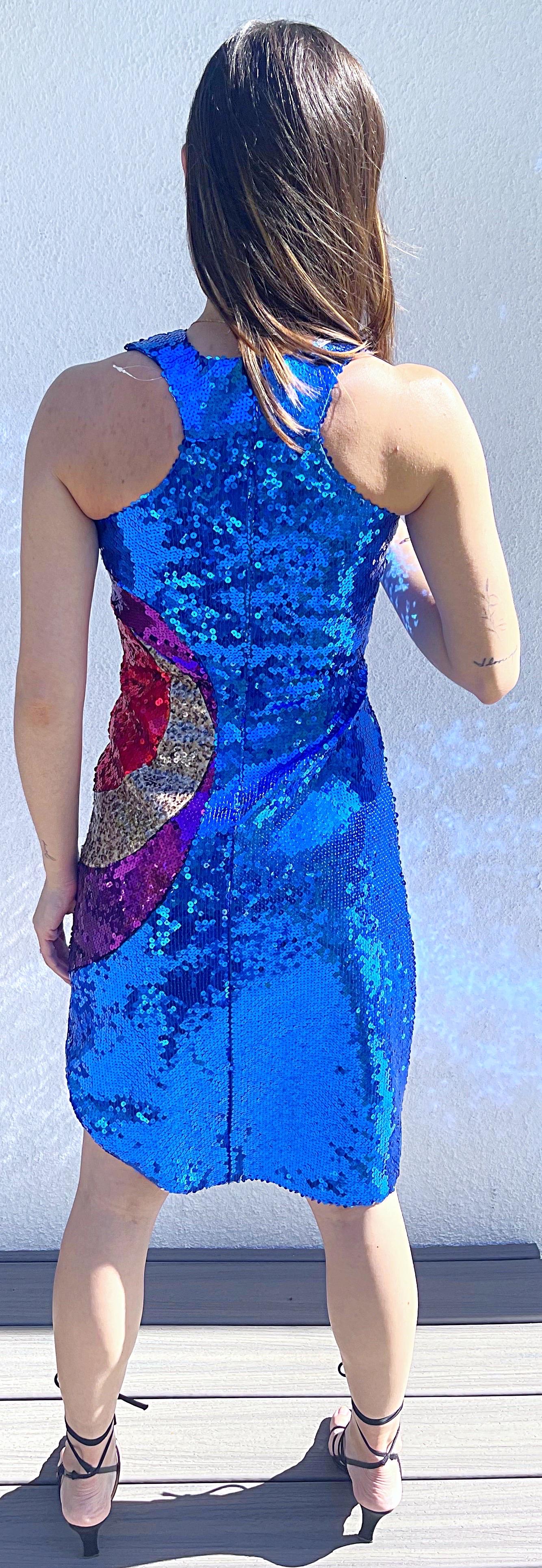 CD Greene NWT $3.8 K Size 2 / 4 Bullseye Blue 2000s Sequin Hi-Lo Space Age Dress For Sale 6