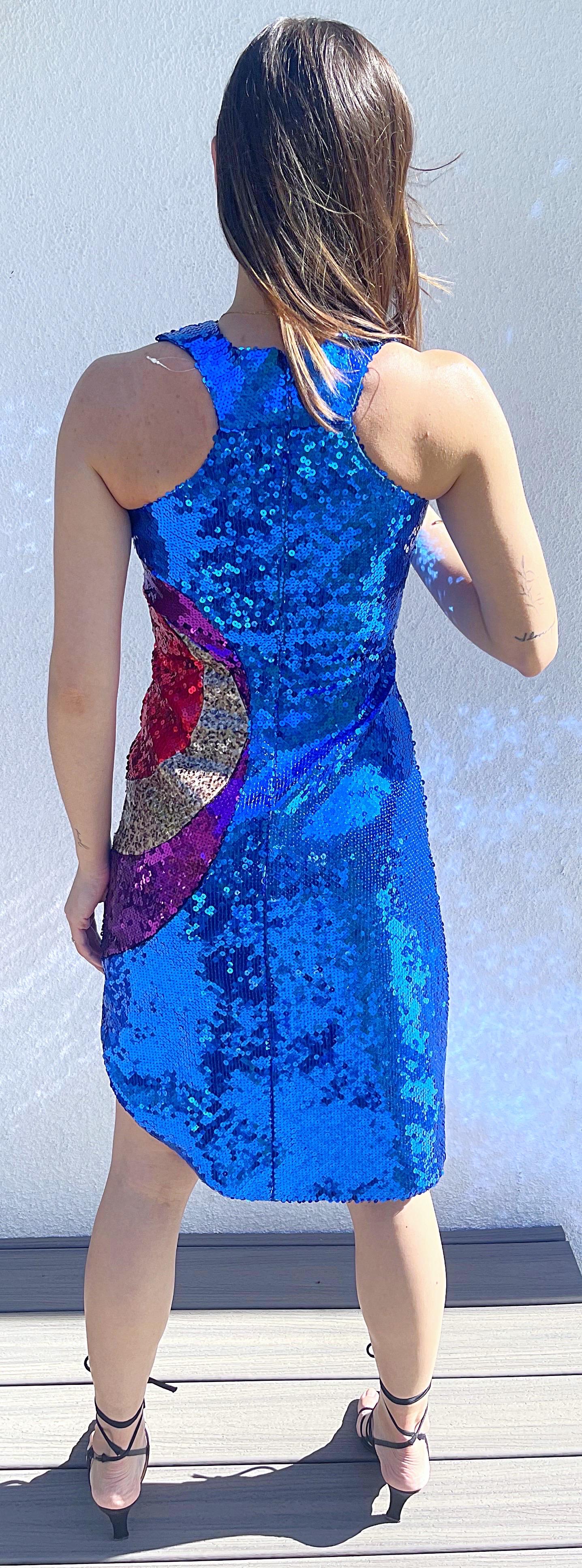 CD Greene NWT $3.8 K Size 2 / 4 Bullseye Blue 2000s Sequin Hi-Lo Space Age Dress For Sale 8