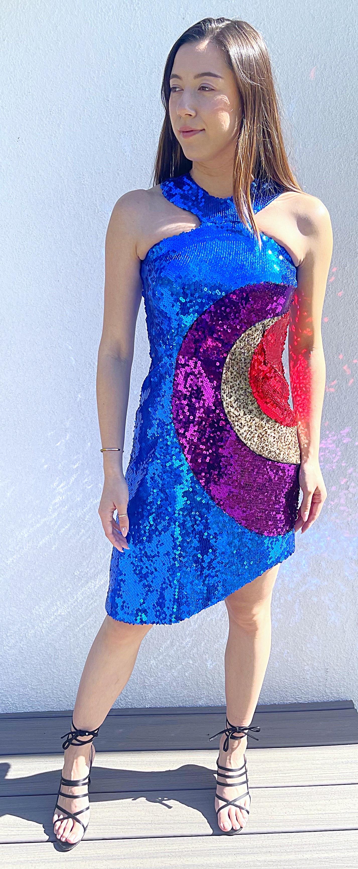 CD Greene NWT $3.8 K Size 2 / 4 Bullseye Blue 2000s Sequin Hi-Lo Space Age Dress For Sale 10