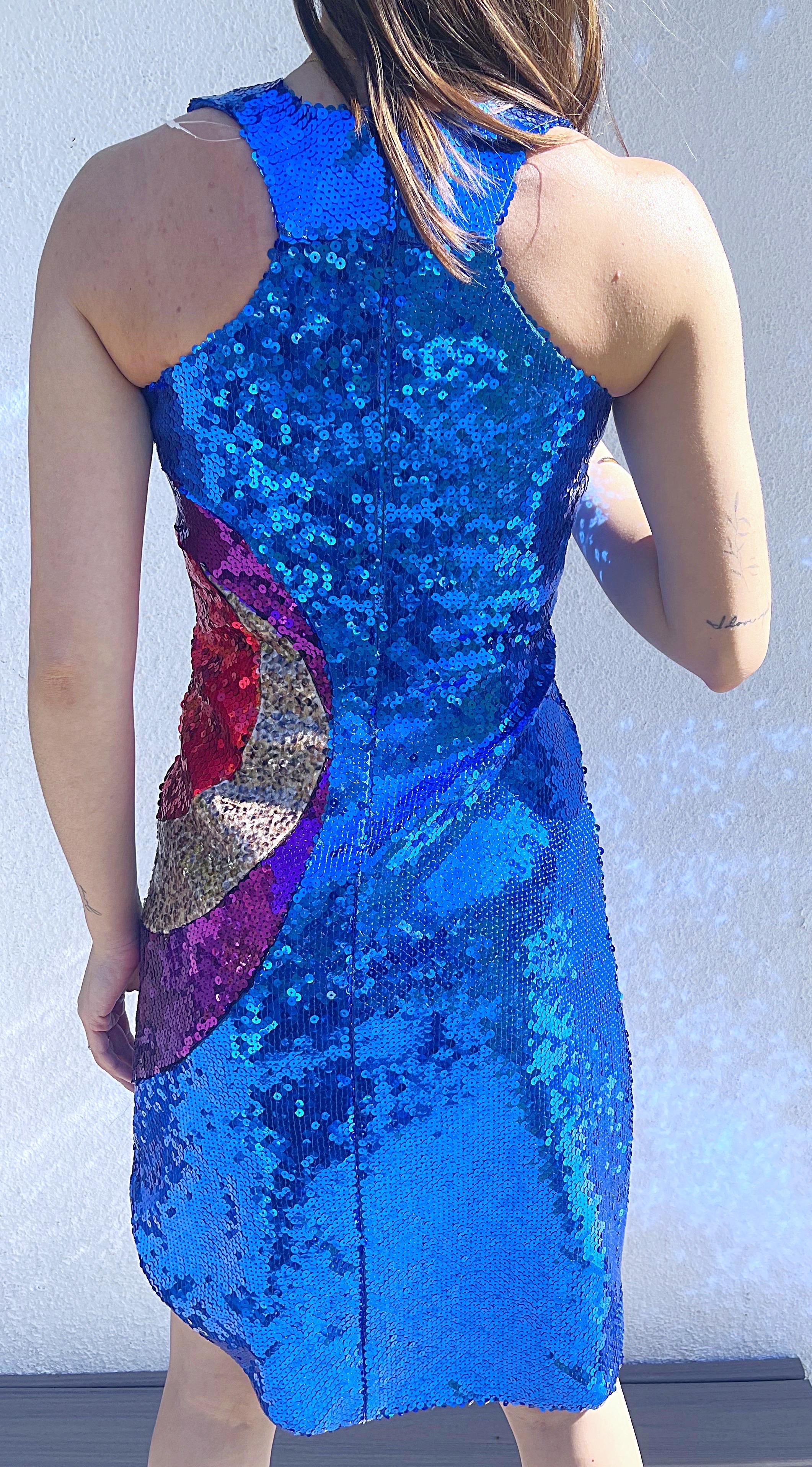 Women's CD Greene NWT $3.8 K Size 2 / 4 Bullseye Blue 2000s Sequin Hi-Lo Space Age Dress For Sale