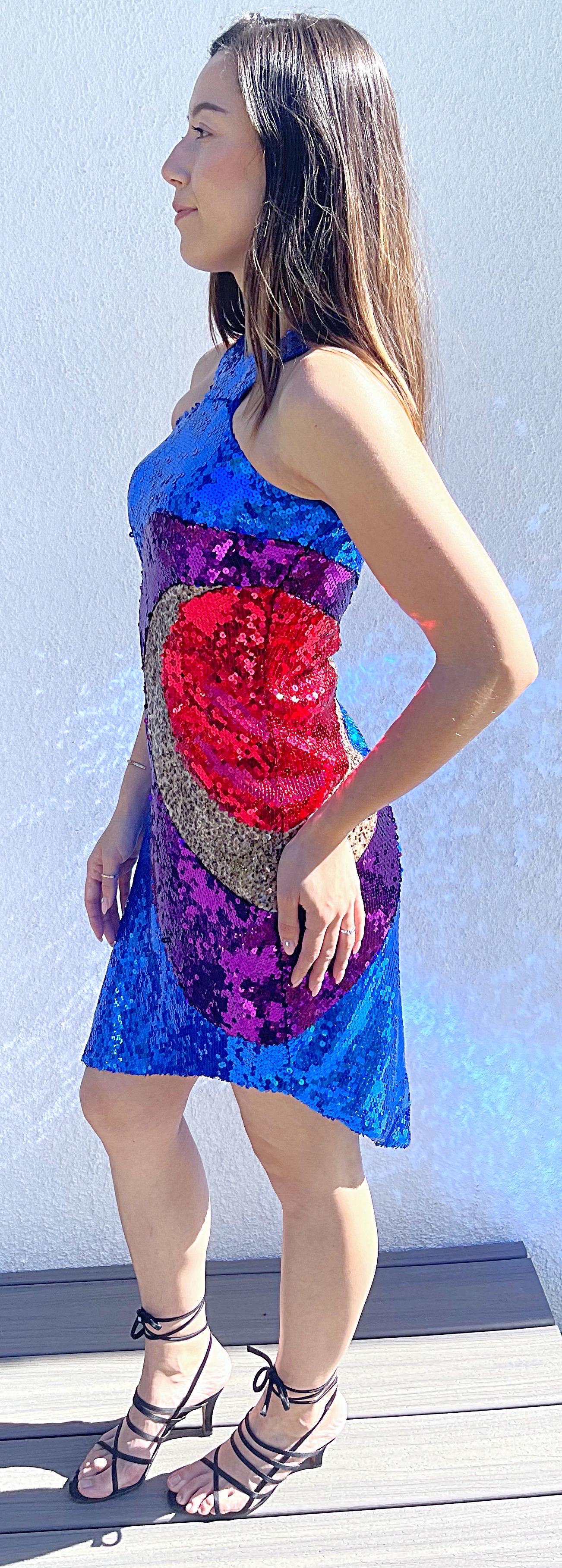 CD Greene NWT $3.8 K Size 2 / 4 Bullseye Blue 2000s Sequin Hi-Lo Space Age Dress For Sale 1