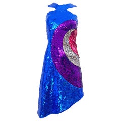 CD GREENE NWT $3.8 K Talla 2 / 4 Bullseye Azul 2000s Sequin Hi-Lo Space Age Dress
