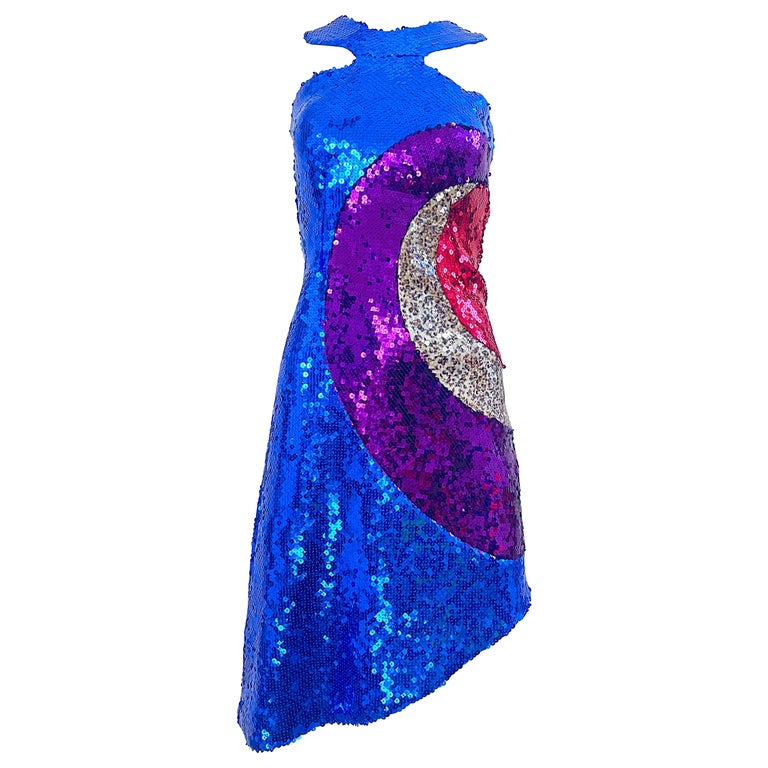 CD Greene NWT $3.8 K Size 2 / 4 Bullseye Blue 2000s Sequin Hi-Lo Space Age  Dress