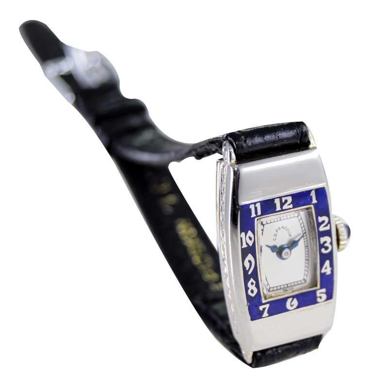 C.D. Peacock 14Kt. White Gold and Enamel Art Deco Ladies Watch circa 1930's For Sale 3