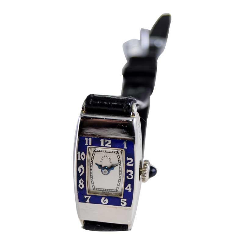 C.D. Peacock 14Kt. White Gold and Enamel Art Deco Ladies Watch circa 1930's For Sale 4