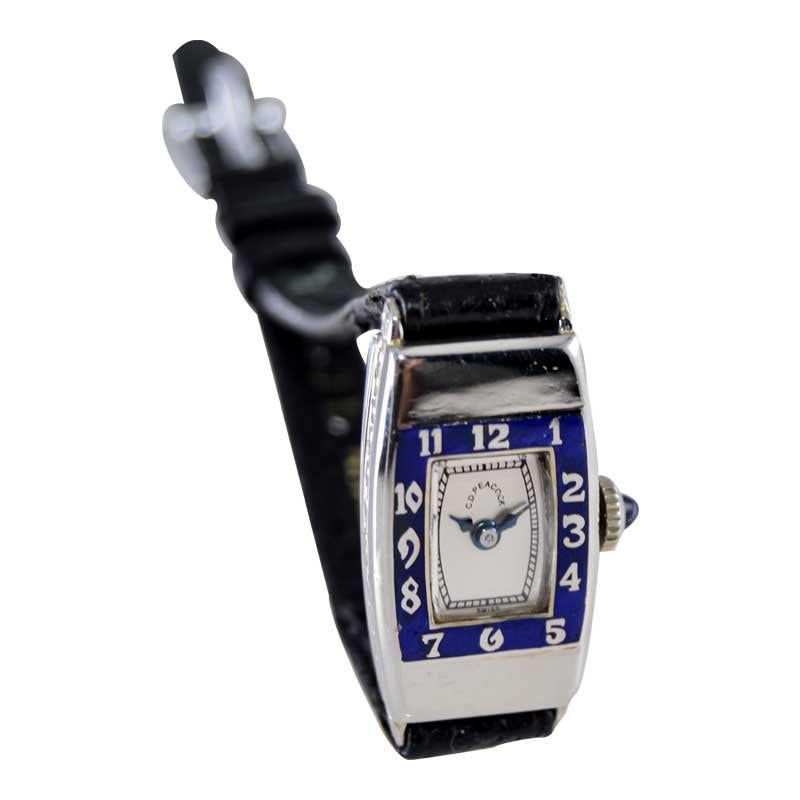 C.D. Peacock 14Kt. White Gold and Enamel Art Deco Ladies Watch circa 1930's For Sale 2