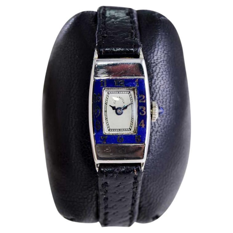 C.D. Peacock 14Kt. White Gold and Enamel Art Deco Ladies Watch circa 1930's For Sale