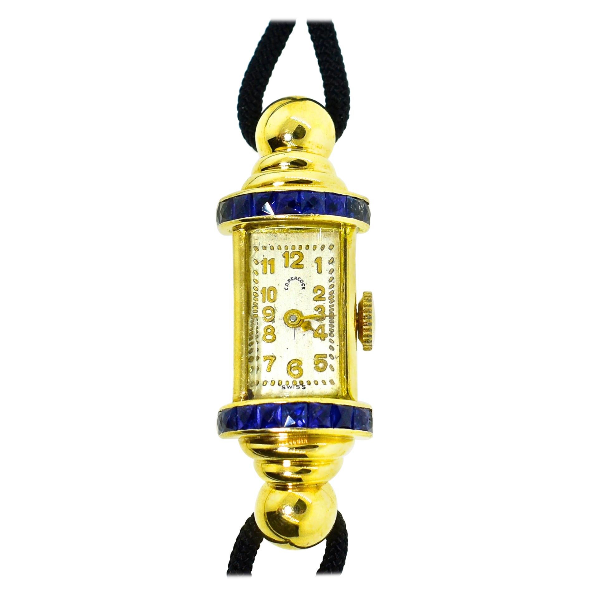 C.D. Peacock 18 Karat Retro Sapphire Wristwatch, circa 1950