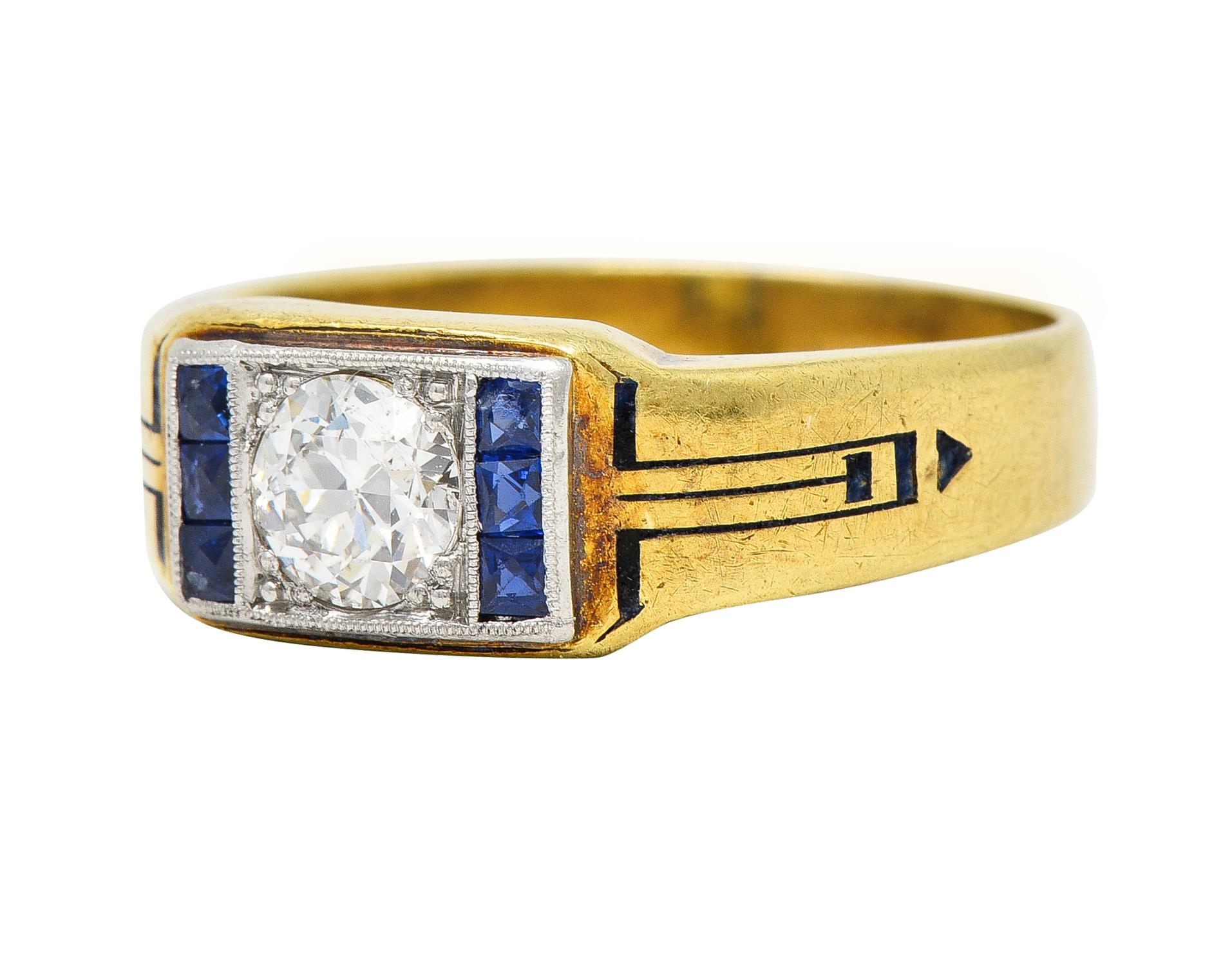 Centering an old European cut diamond weighing approximately 0.52 carat total
I color with I1 clarity - bead set in a rectangular platinum head 
Flanked by rows of channel set French cut sapphires 
Weighing approximately 0.30 carat