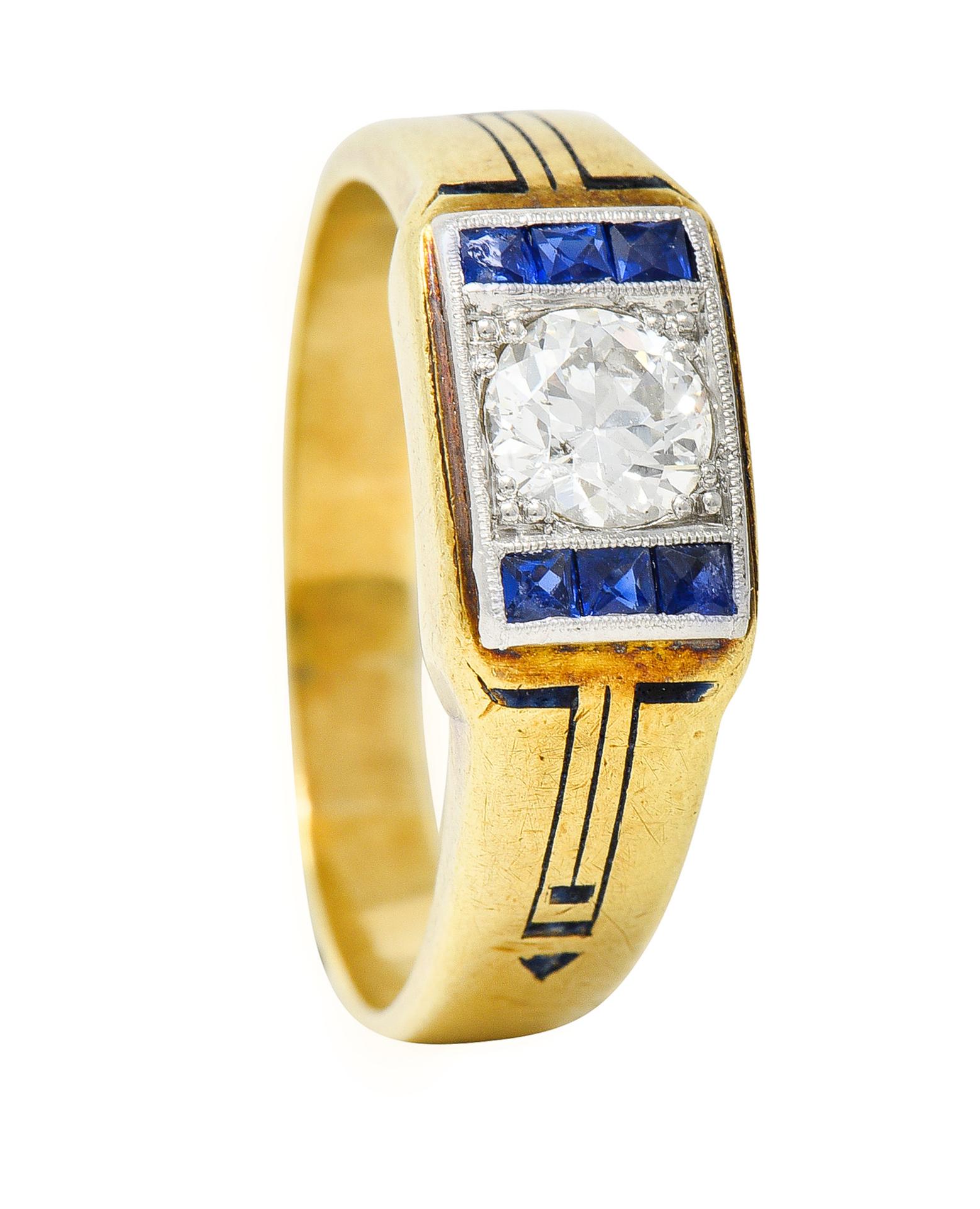 Old European Cut C.D. Peacock Art Deco Diamond Sapphire Platinum 15 Karat Gold Unisex Ring