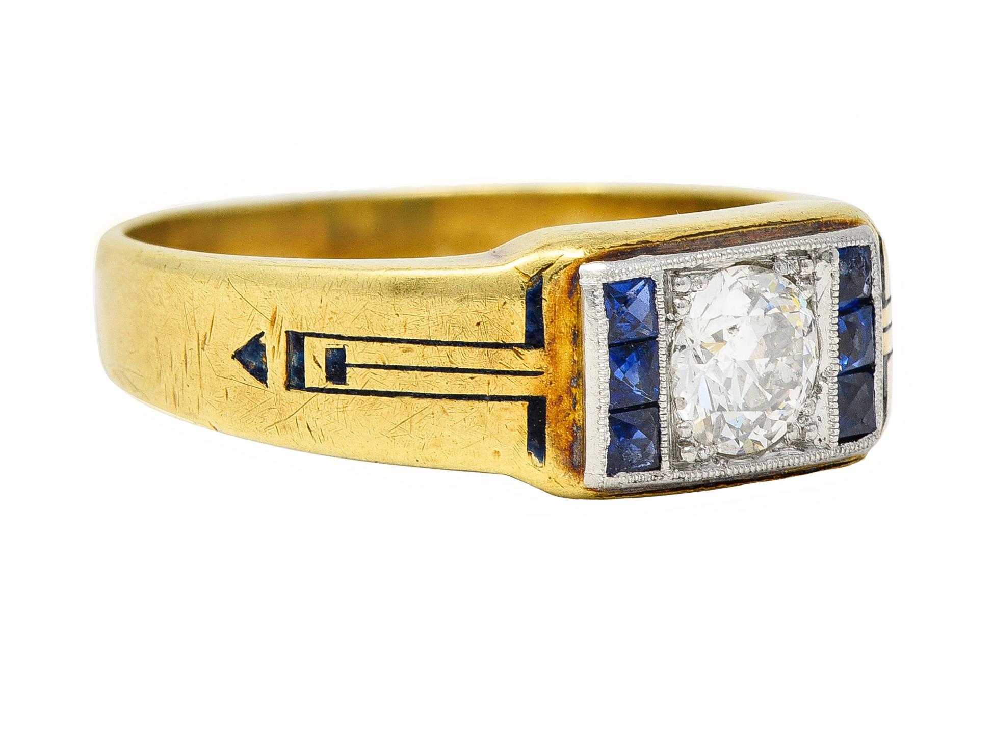 C.D. Peacock Art Deco Diamond Sapphire Platinum 15 Karat Gold Unisex Ring In Excellent Condition In Philadelphia, PA