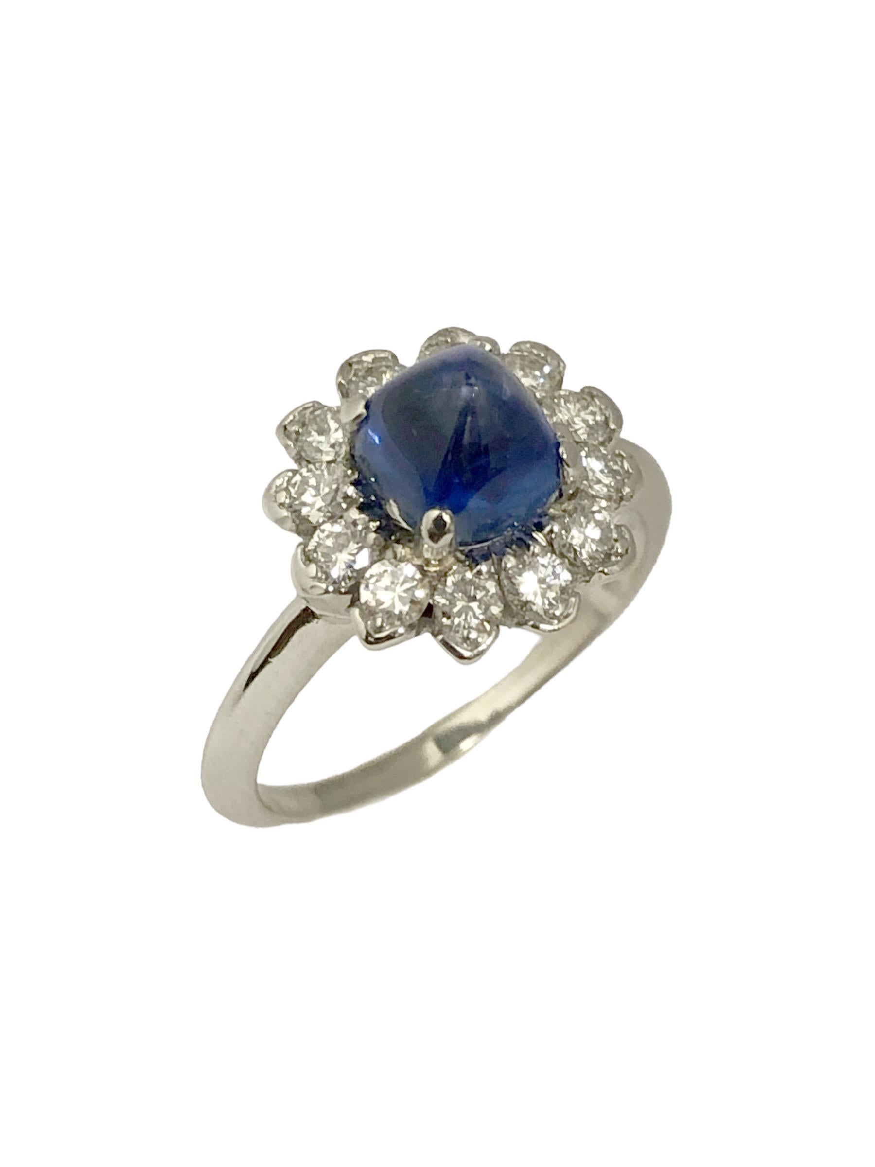 Sugarloaf Cabochon C.D. Peacock Art Deco Platinum Diamond and Sugar Loaf Sapphire Ring For Sale
