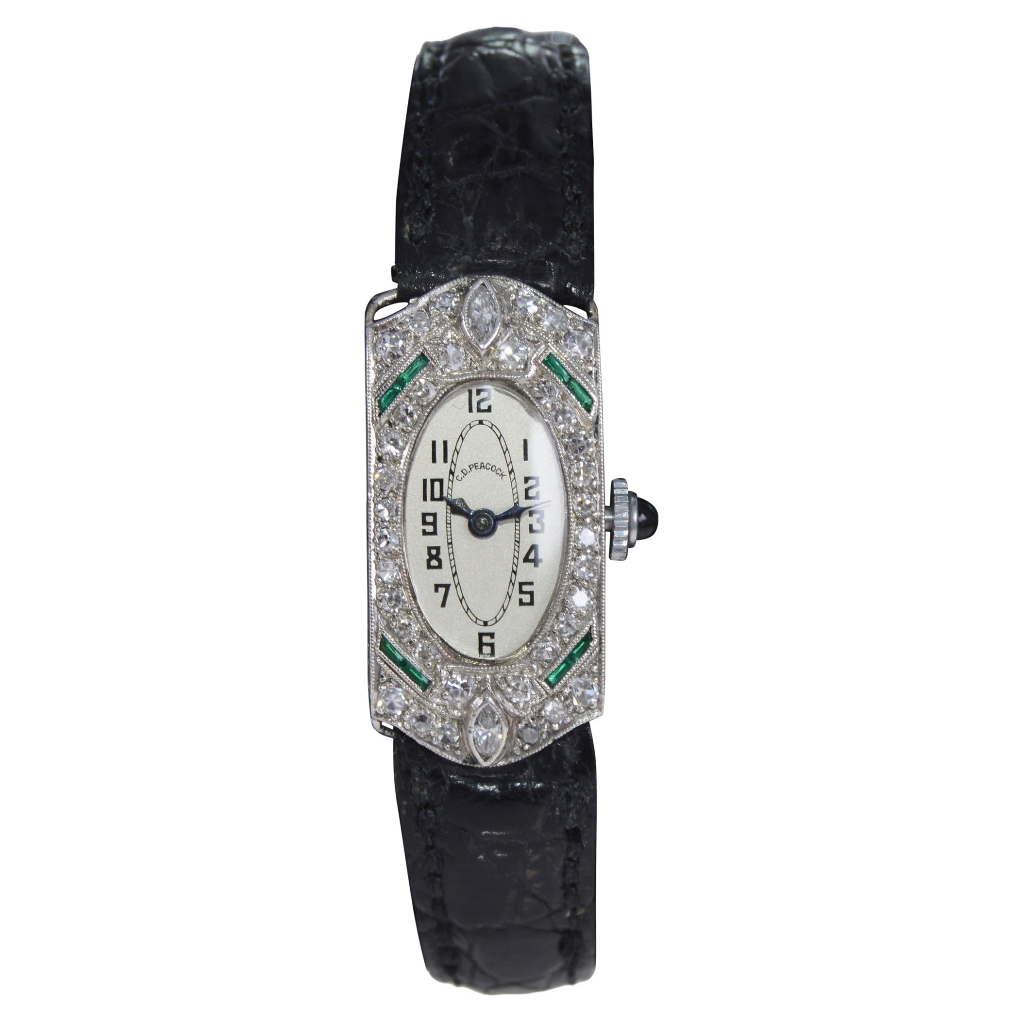C.D. Peacock Platinum Diamond Emerald Art Deco Ladies Dress Watch, circa 1930s