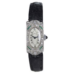 C.D. Peacock Platinum Diamond Emerald Art Deco Ladies Dress Watch, circa 1930s